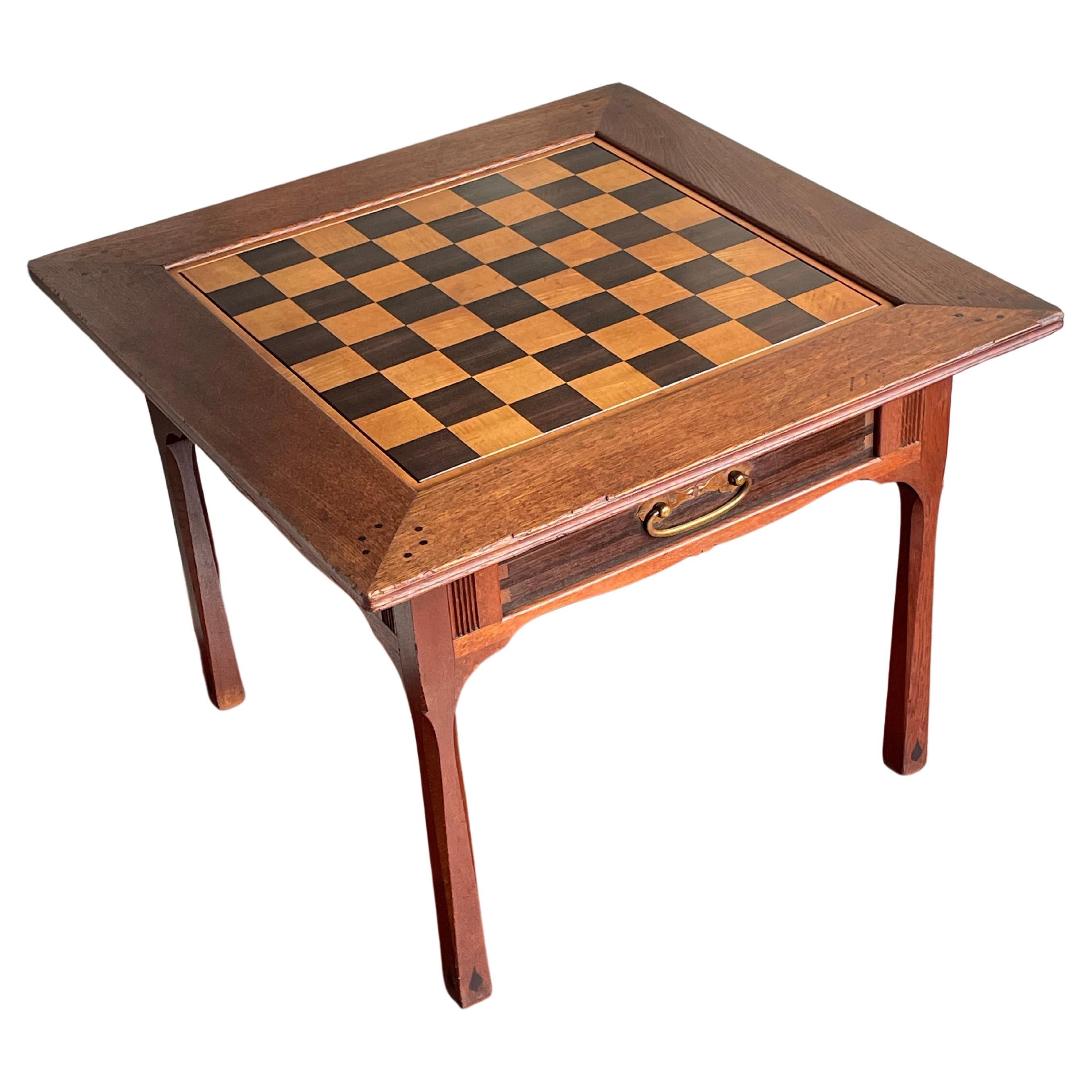 Unique Dutch Arts and Crafts Oak & Coromandel & Brass Chess Table w. Drawer 1910 For Sale