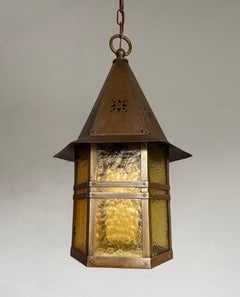 Unique Dutch Arts & Crafts Brass & Glass Entry Hall Pendant Light / Lantern