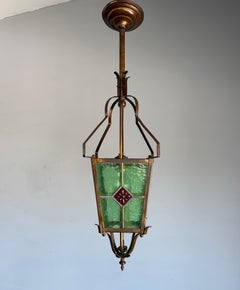 Unique Dutch Arts & Crafts Brass & Glass Entry Hall Suspension Light / Lantern (Lanterne d'entrée)