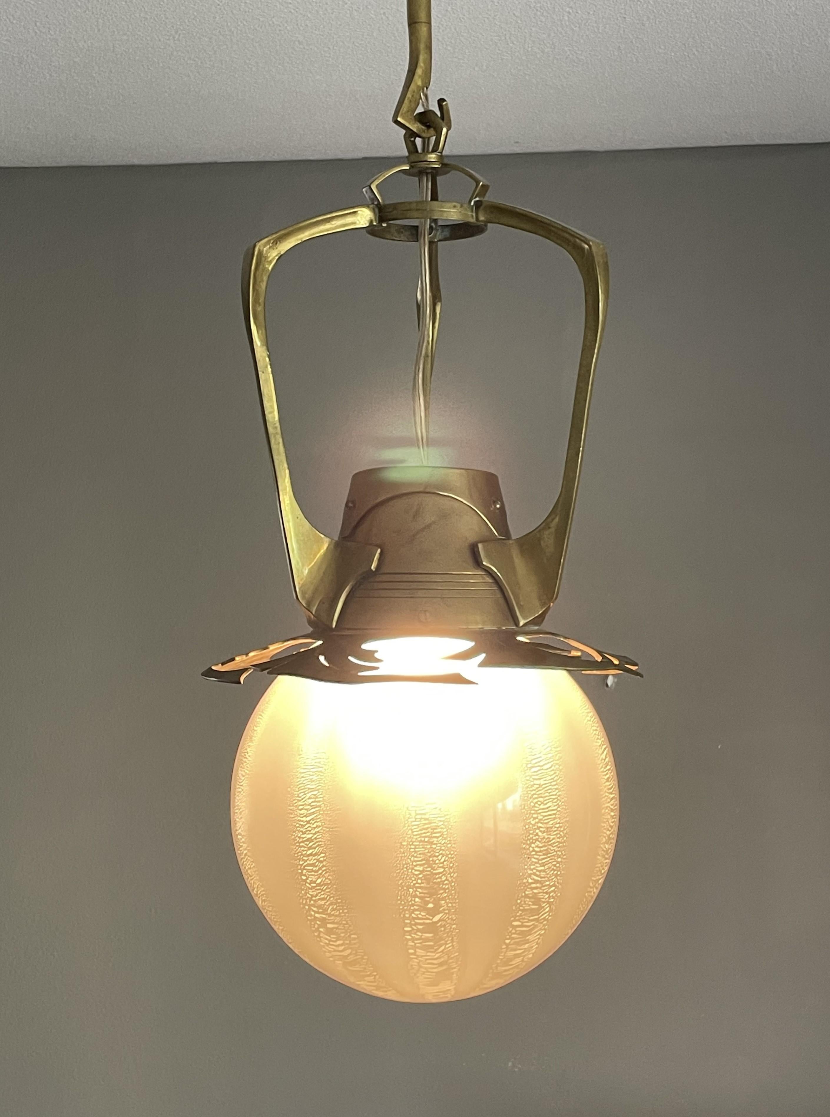 Unique Dutch Arts & Crafts Brass Pendant Light With Rare Tin Crackle Globe Shade For Sale 4