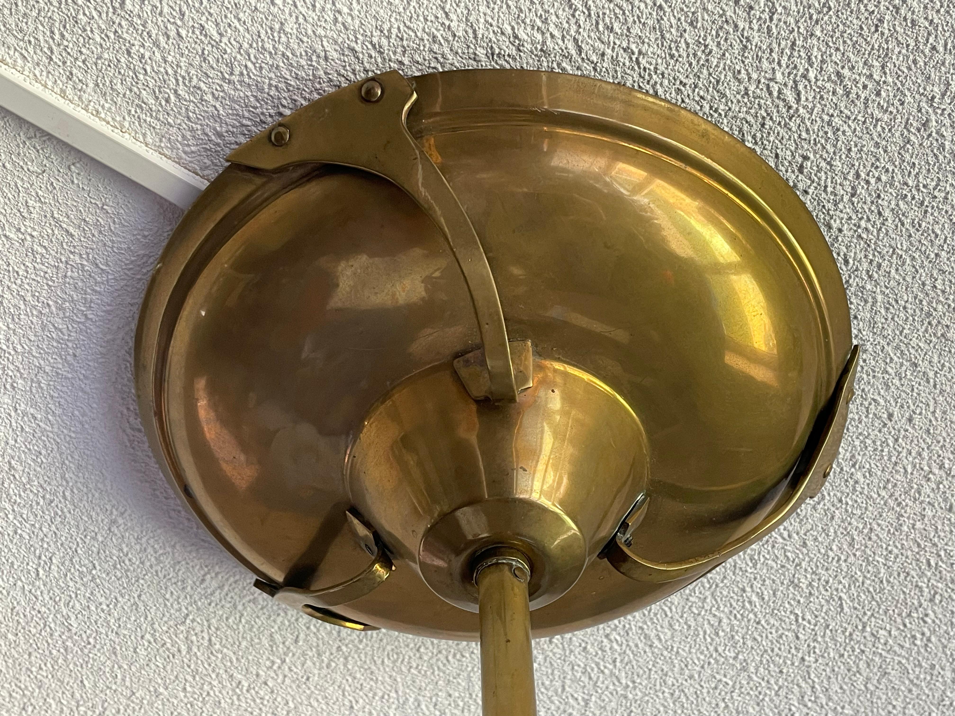 Unique Dutch Arts & Crafts Brass Pendant Light With Rare Tin Crackle Globe Shade For Sale 5