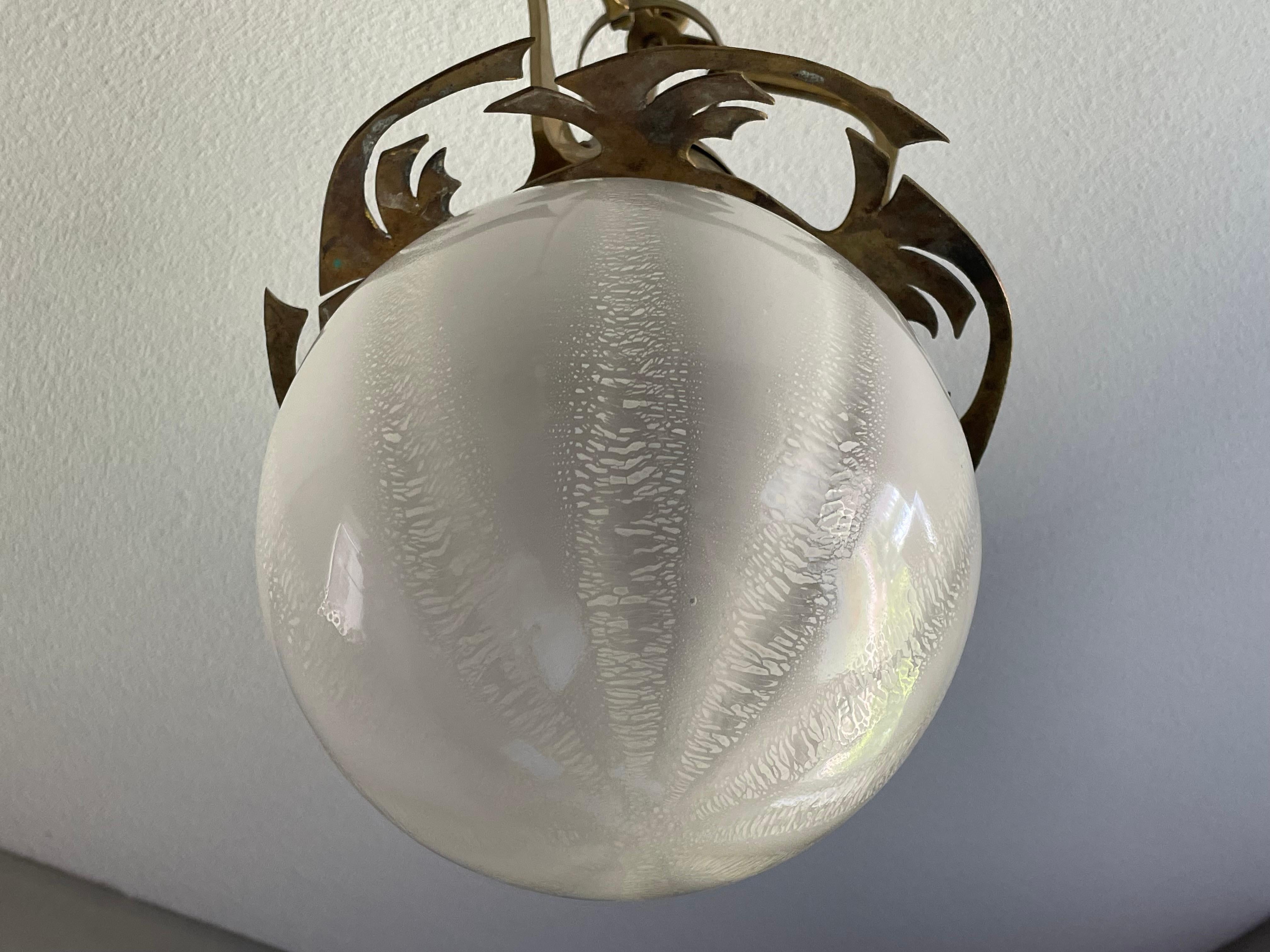Unique Dutch Arts & Crafts Brass Pendant Light With Rare Tin Crackle Globe Shade For Sale 7