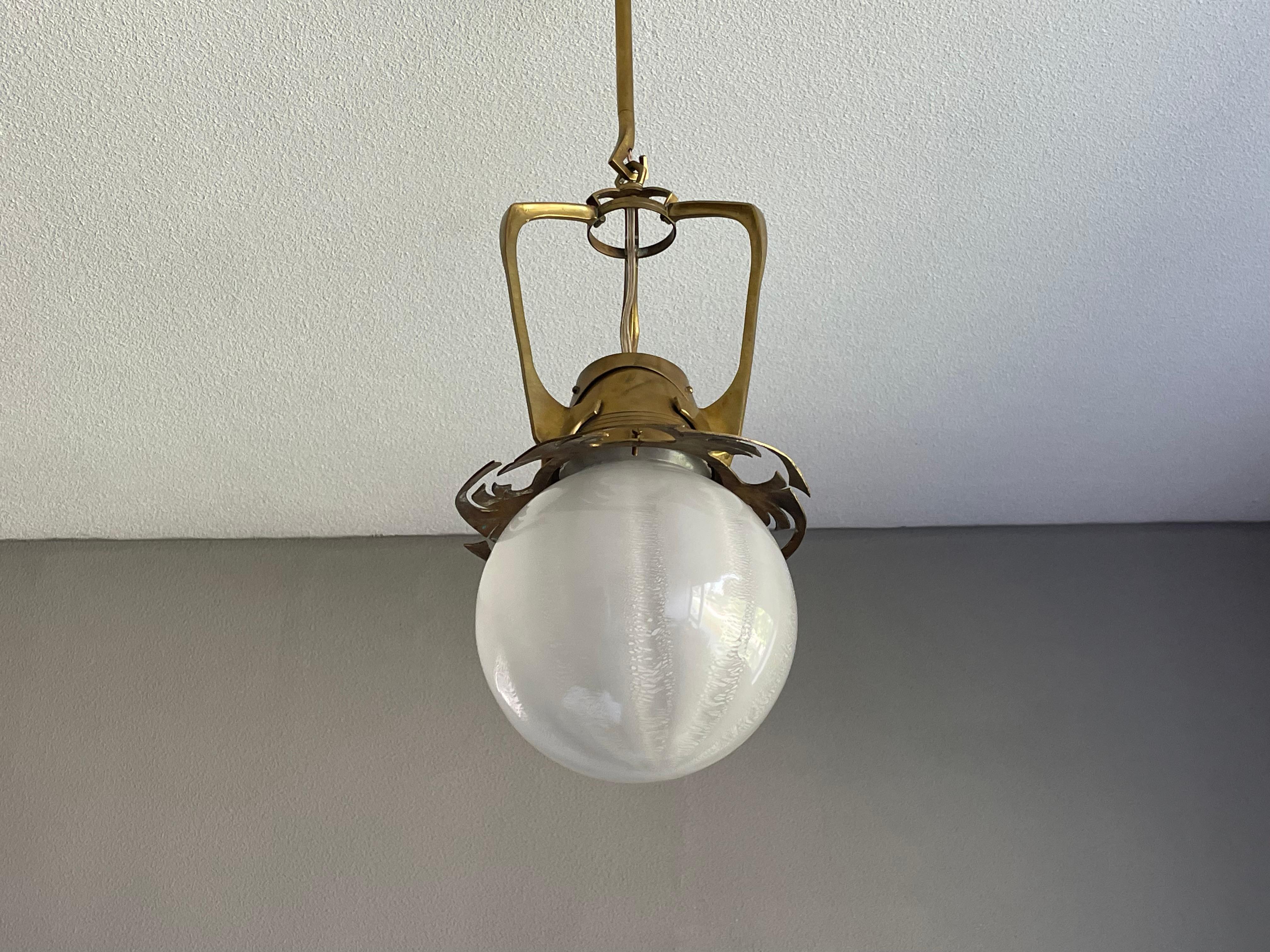 Unique Dutch Arts & Crafts Brass Pendant Light With Rare Tin Crackle Globe Shade For Sale 9