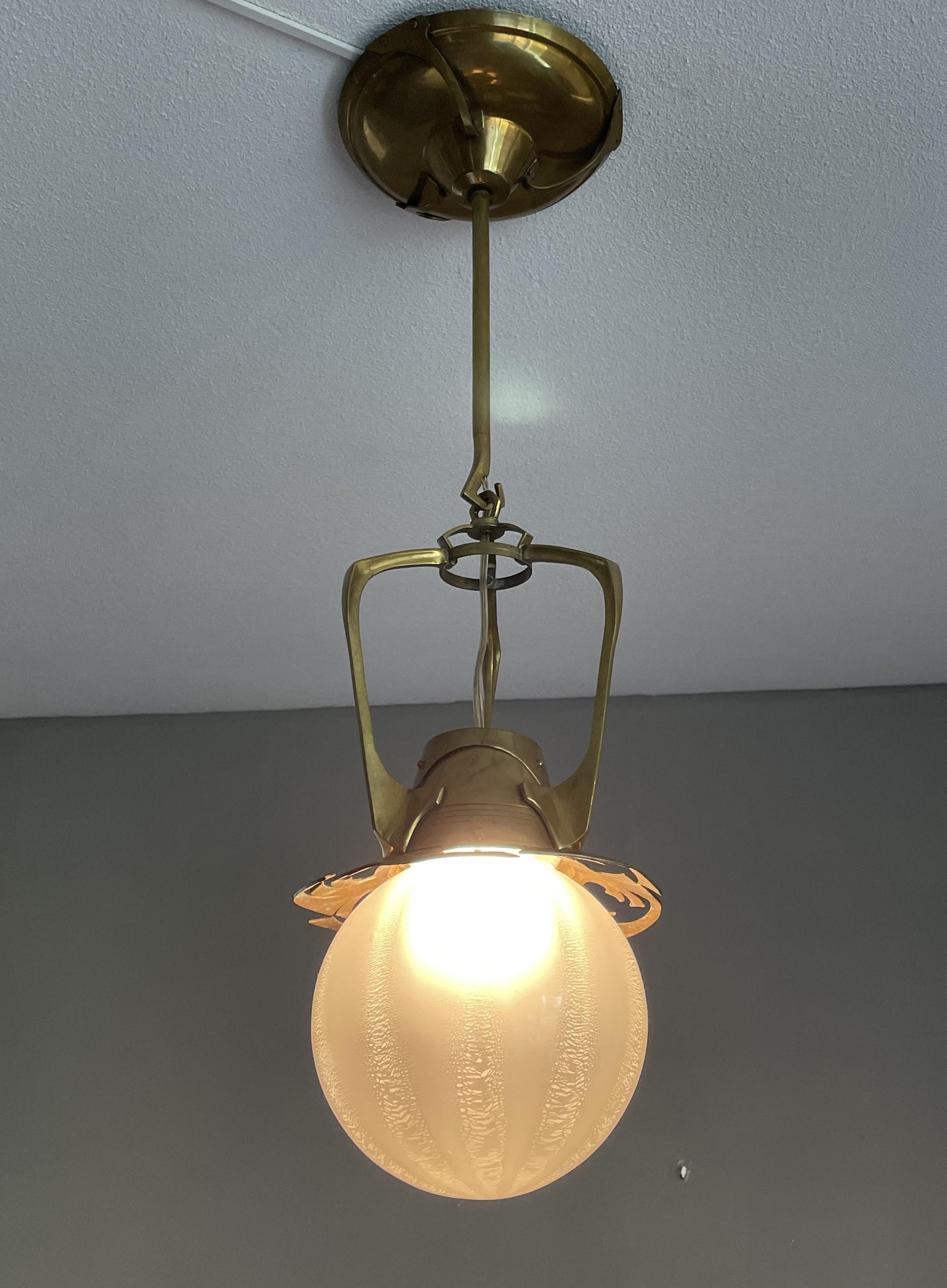 Unique Dutch Arts & Crafts Brass Pendant Light With Rare Tin Crackle Globe Shade For Sale 10