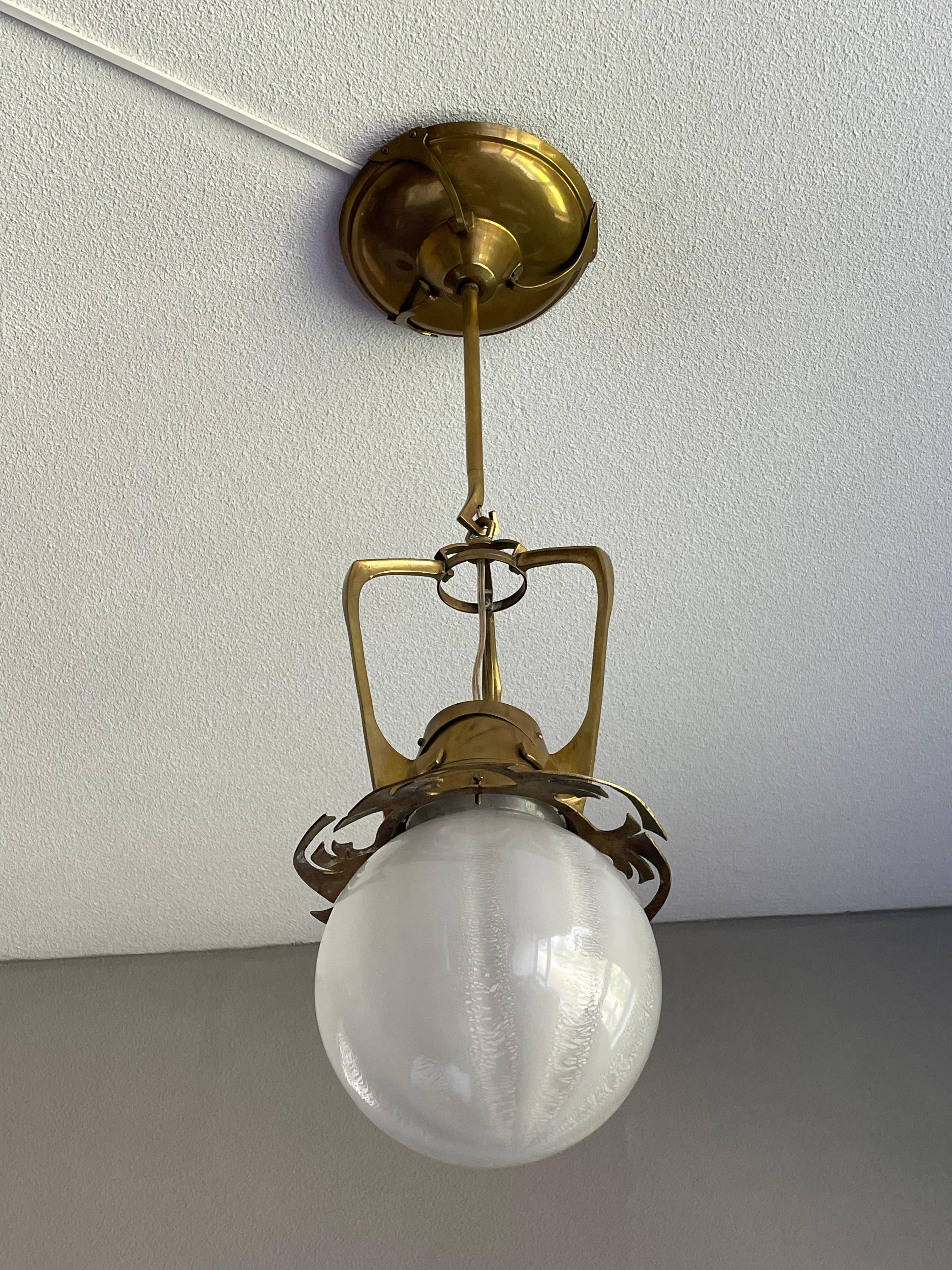 Unique Dutch Arts & Crafts Brass Pendant Light With Rare Tin Crackle Globe Shade For Sale 11