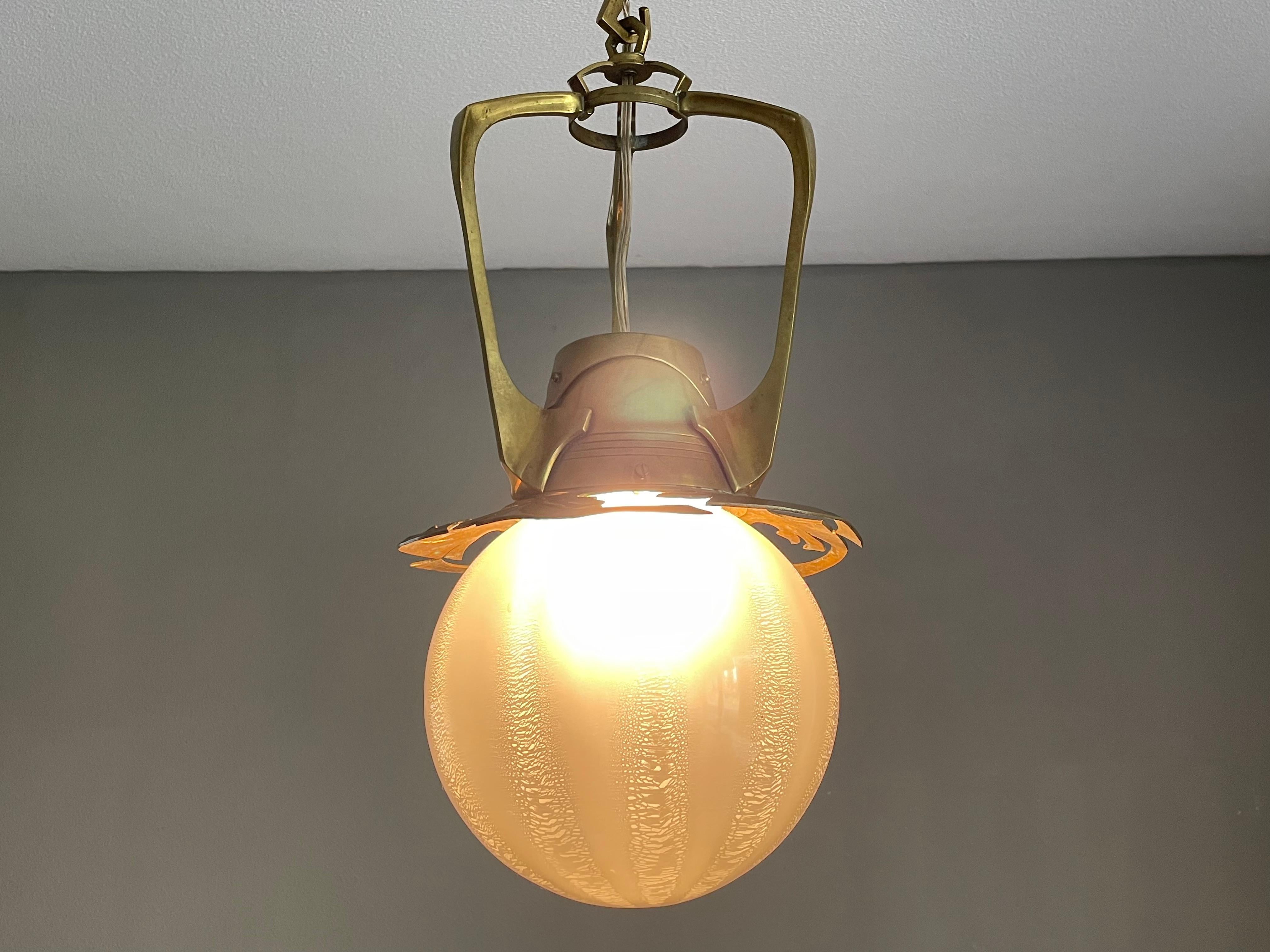 Unique Dutch Arts & Crafts Brass Pendant Light With Rare Tin Crackle Globe Shade For Sale 12