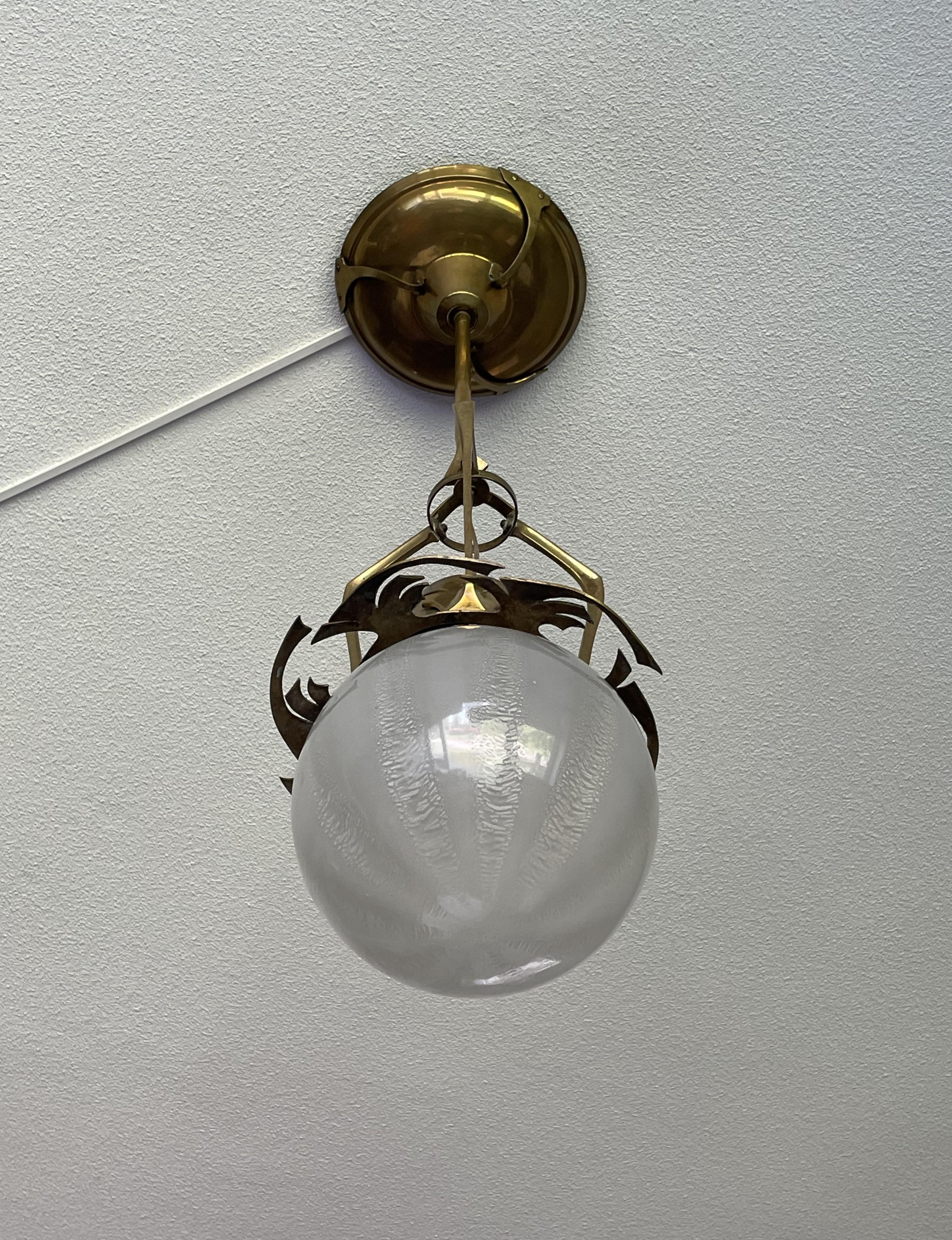 Cast Unique Dutch Arts & Crafts Brass Pendant Light With Rare Tin Crackle Globe Shade For Sale