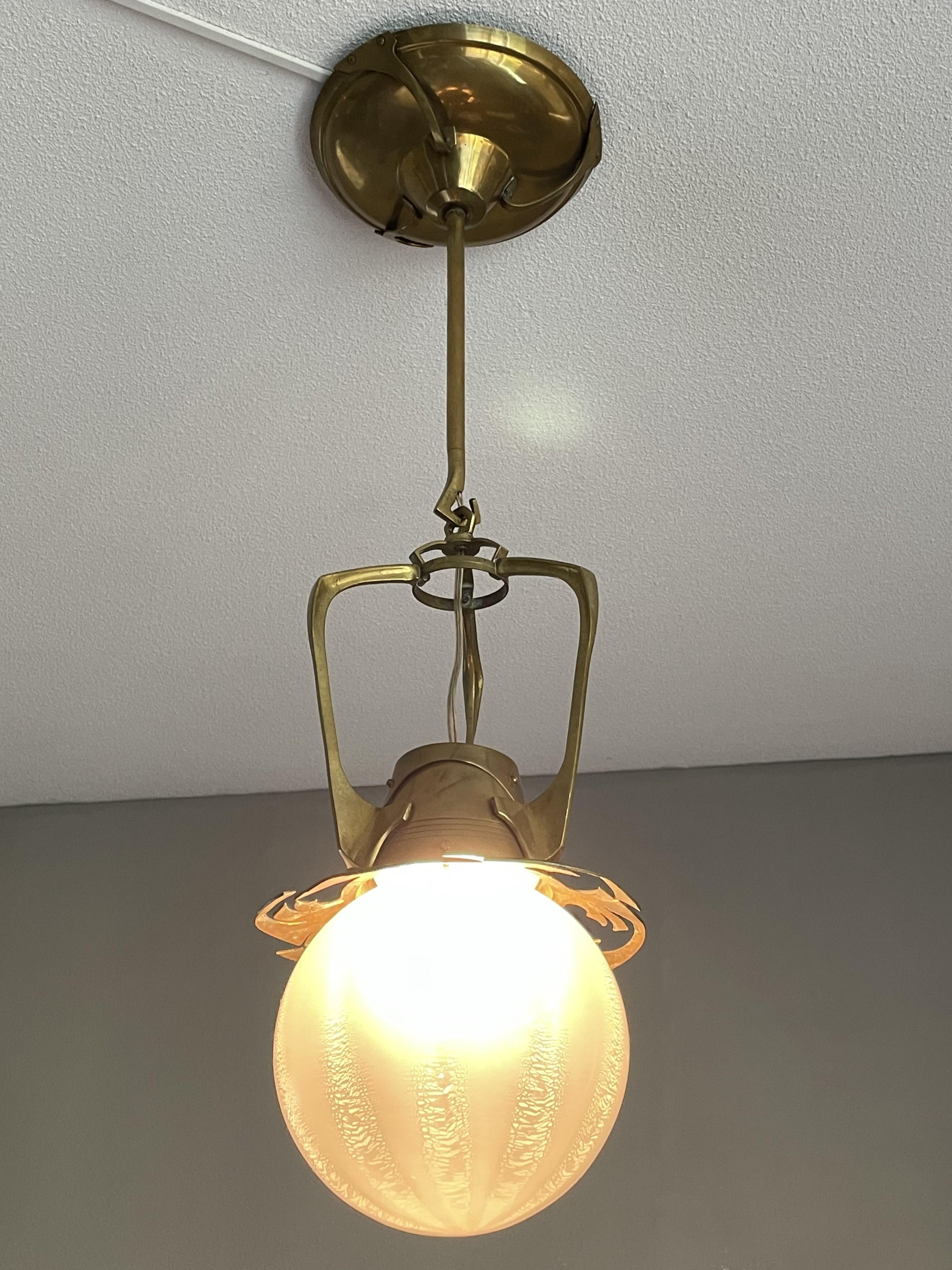Unique Dutch Arts & Crafts Brass Pendant Light With Rare Tin Crackle Globe Shade In Good Condition For Sale In Lisse, NL