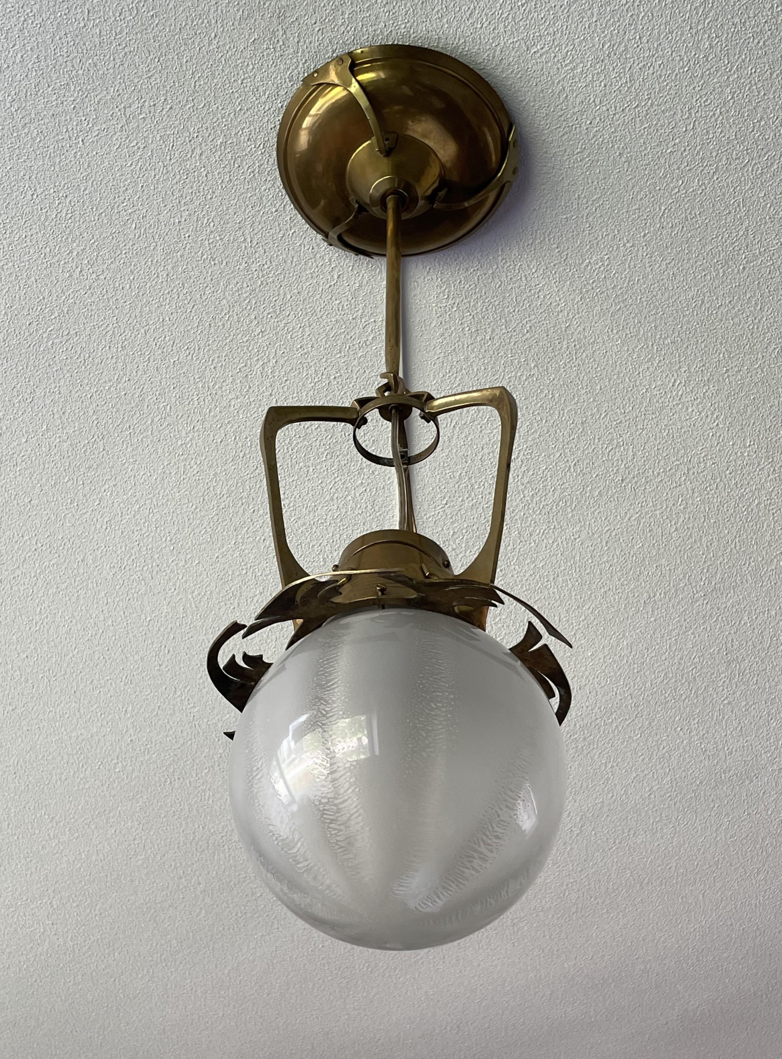 20th Century Unique Dutch Arts & Crafts Brass Pendant Light With Rare Tin Crackle Globe Shade For Sale