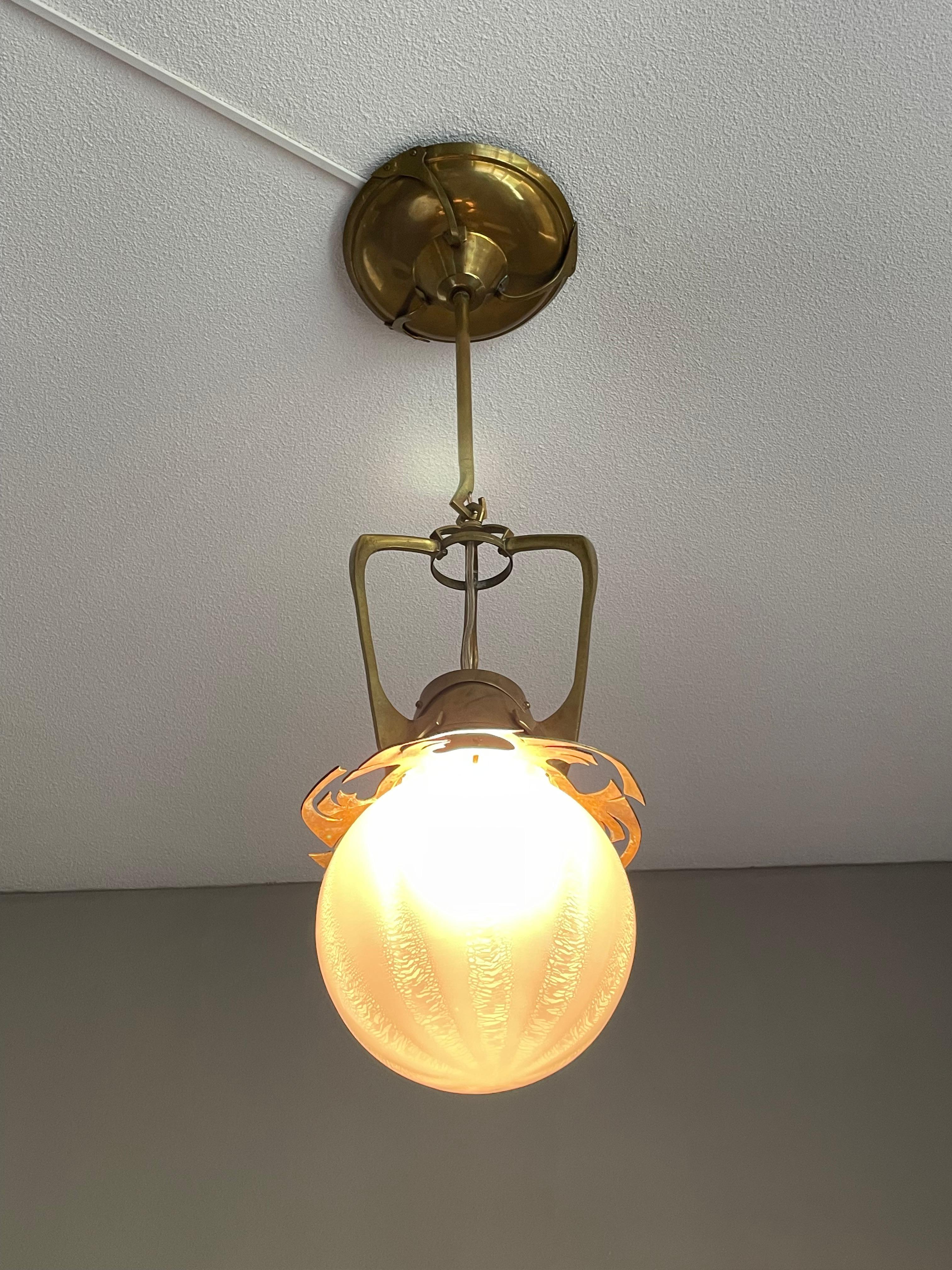 Unique Dutch Arts & Crafts Brass Pendant Light With Rare Tin Crackle Globe Shade For Sale 1