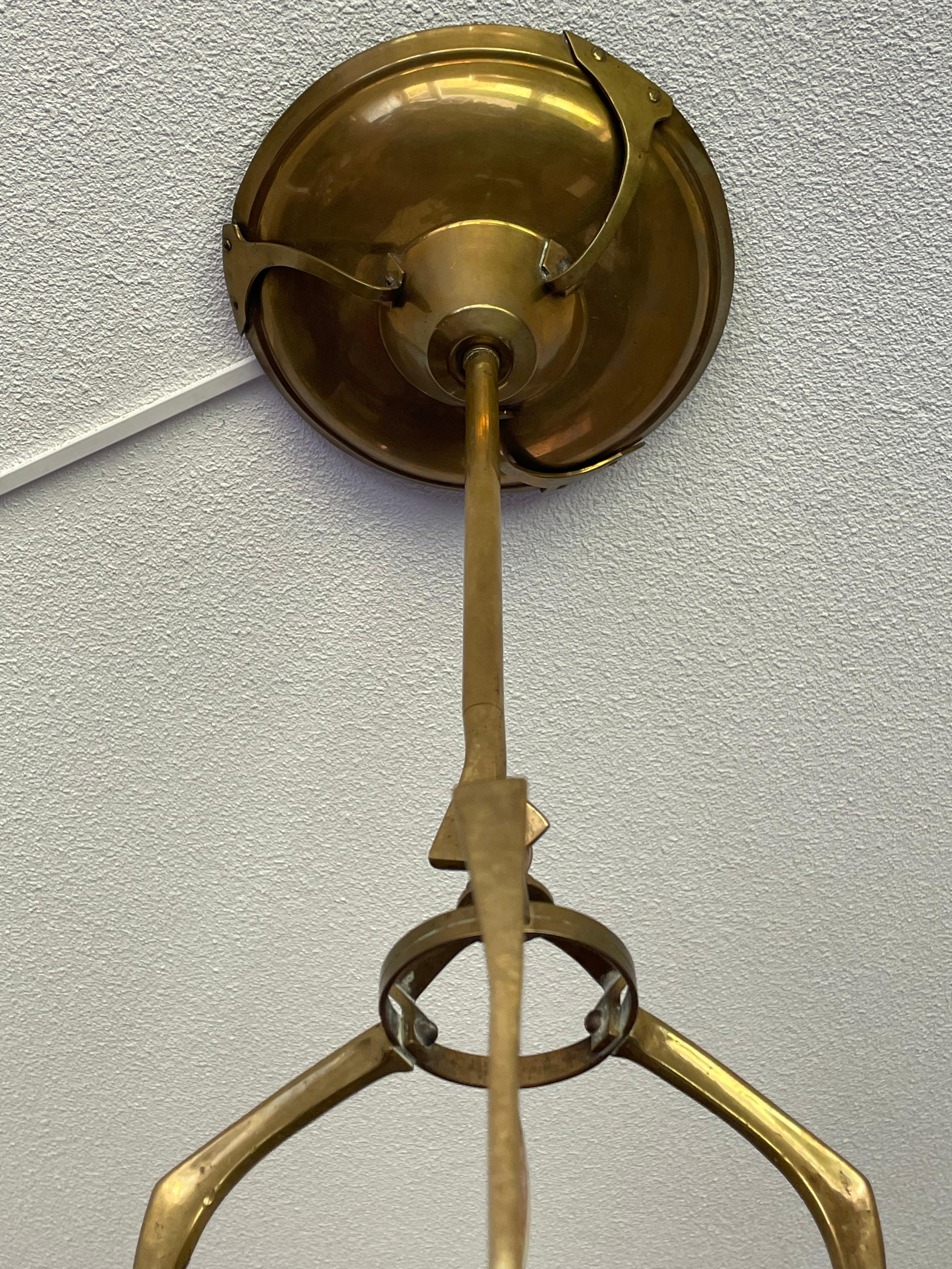 Unique Dutch Arts & Crafts Brass Pendant Light With Rare Tin Crackle Globe Shade For Sale 3