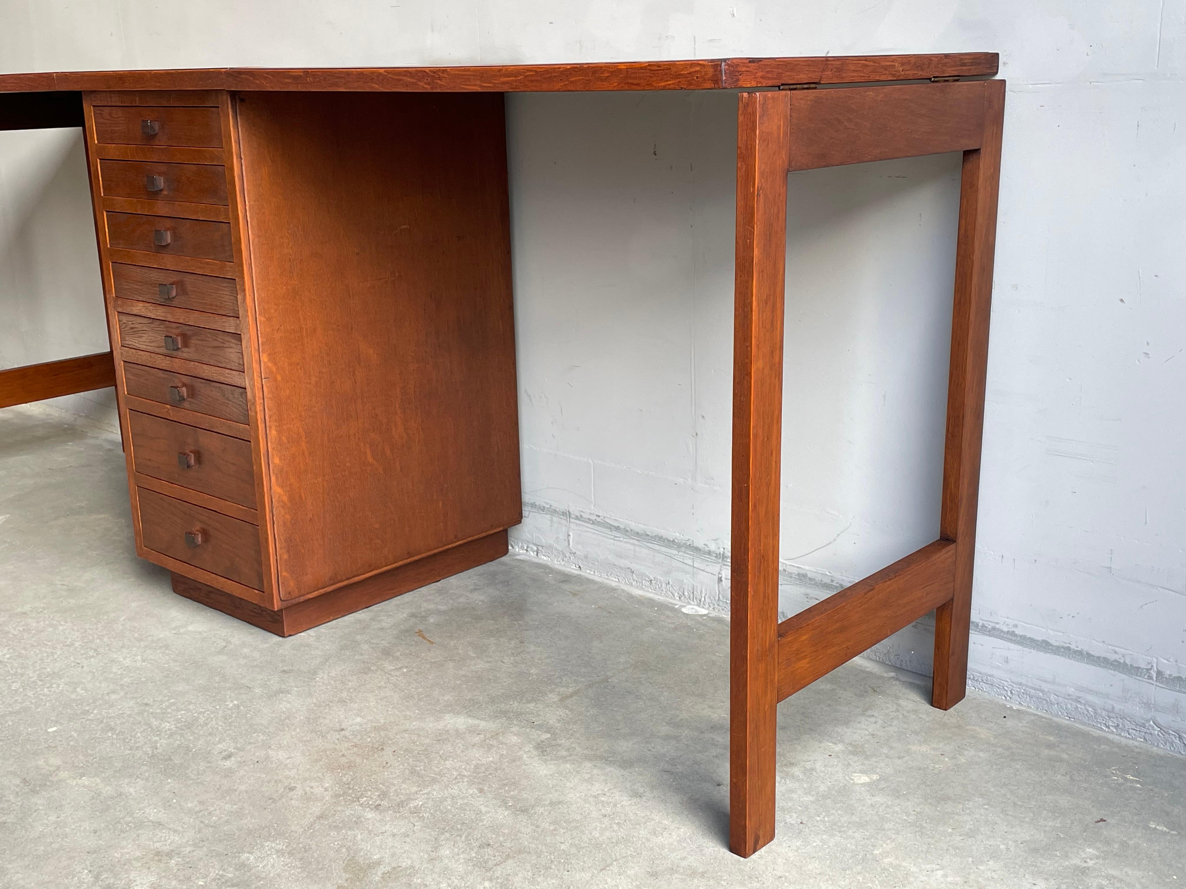 Patinated Unique Dutch Arts & Crafts Oak Partners Desk and Filing Cabinet Into One, 1910s