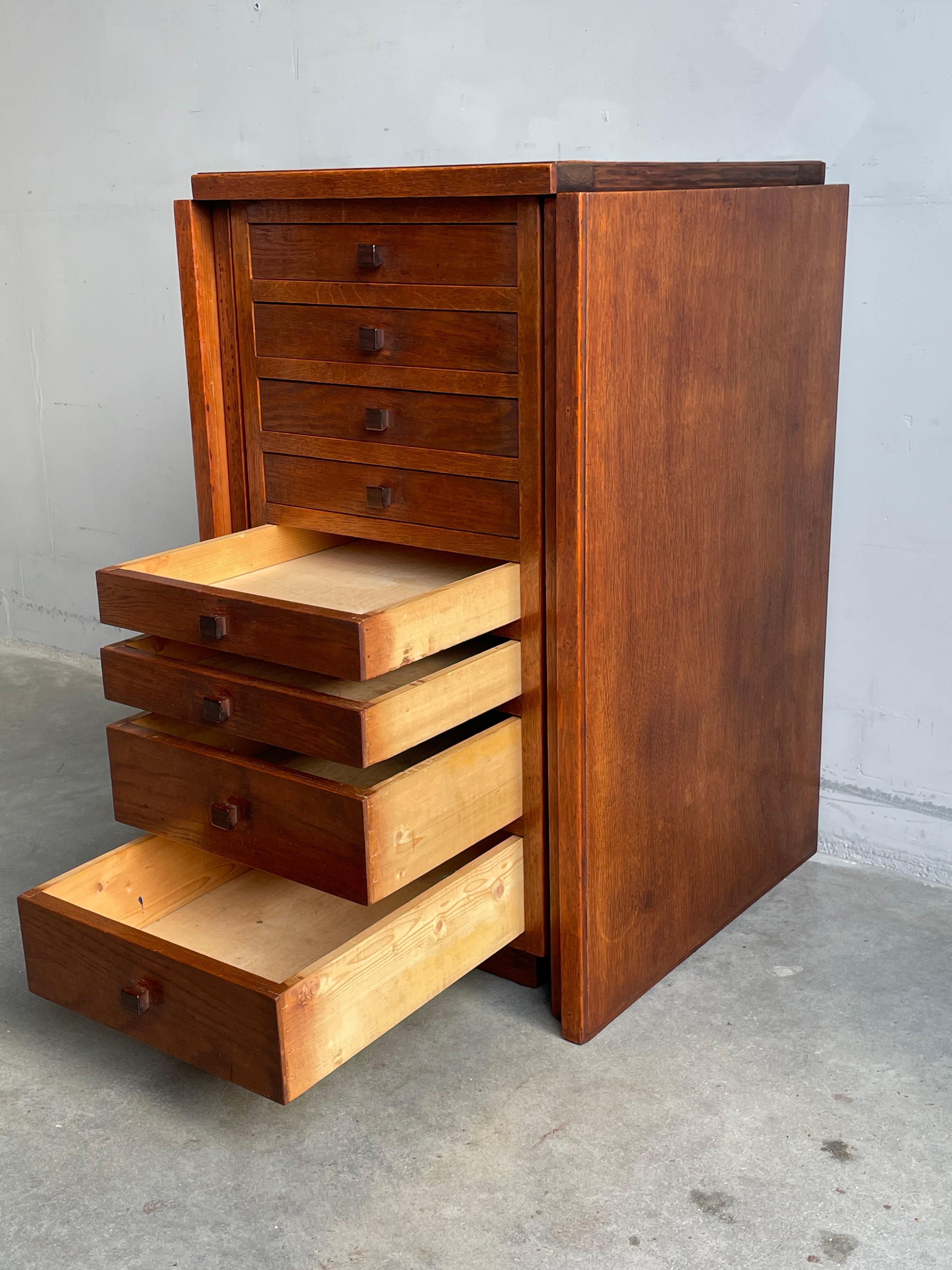 20th Century Unique Dutch Arts & Crafts Oak Partners Desk and Filing Cabinet Into One, 1910s