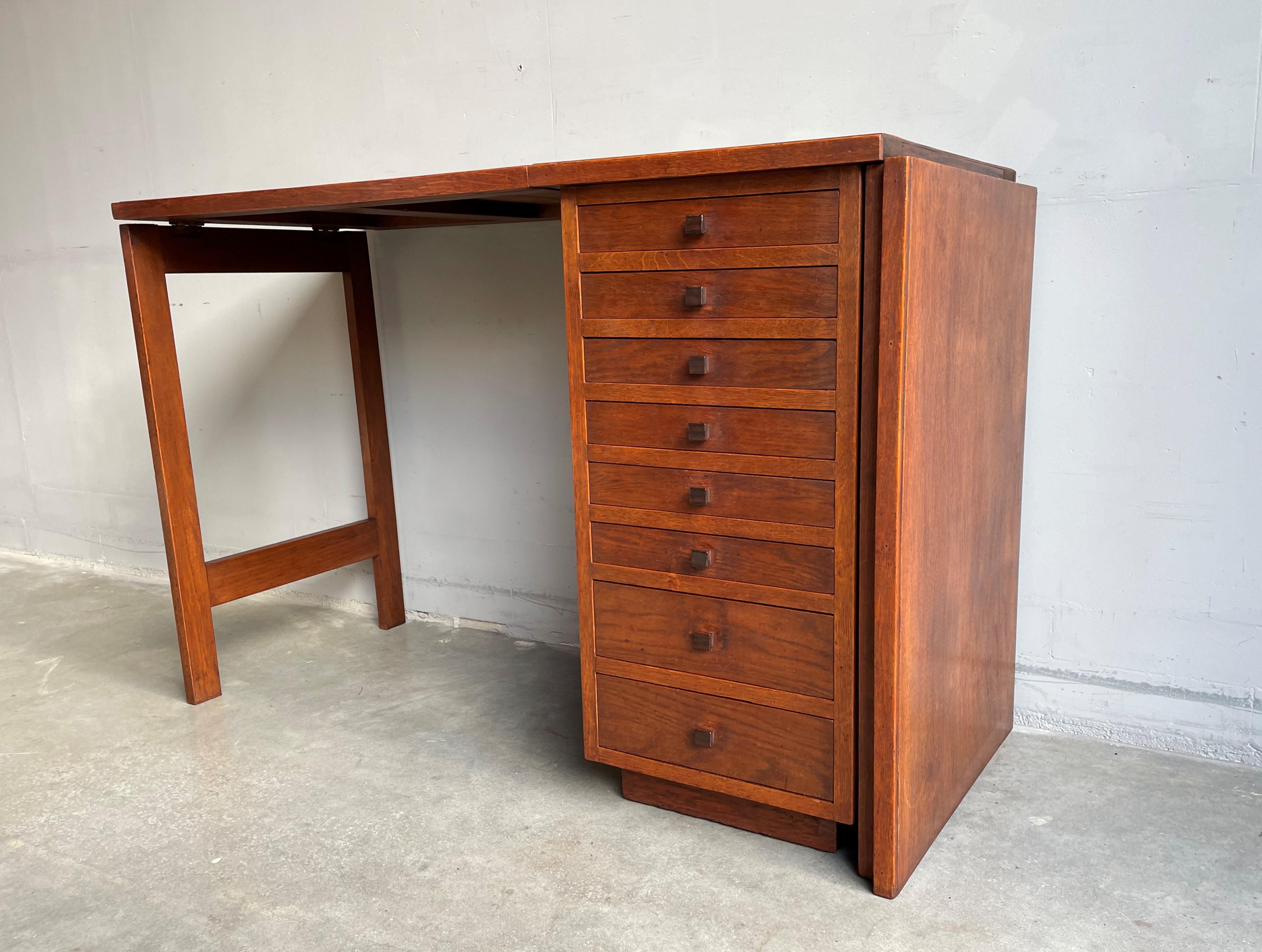 Unique Dutch Arts & Crafts Oak Partners Desk and Filing Cabinet Into One, 1910s 2