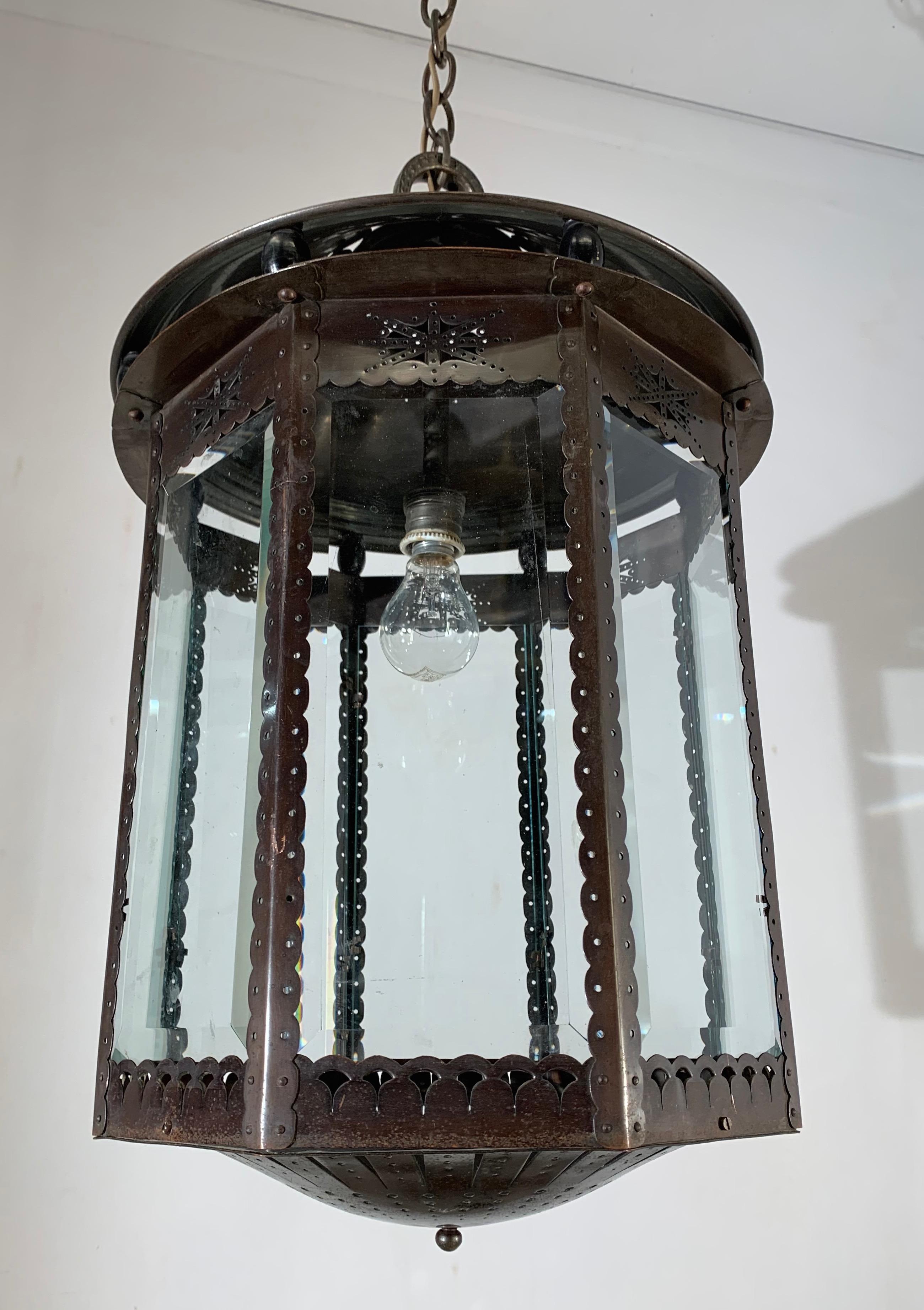 Early 1900 Large Dutch Arts & Crafts Brass & Beveled Glass Pendant Light Lantern 8