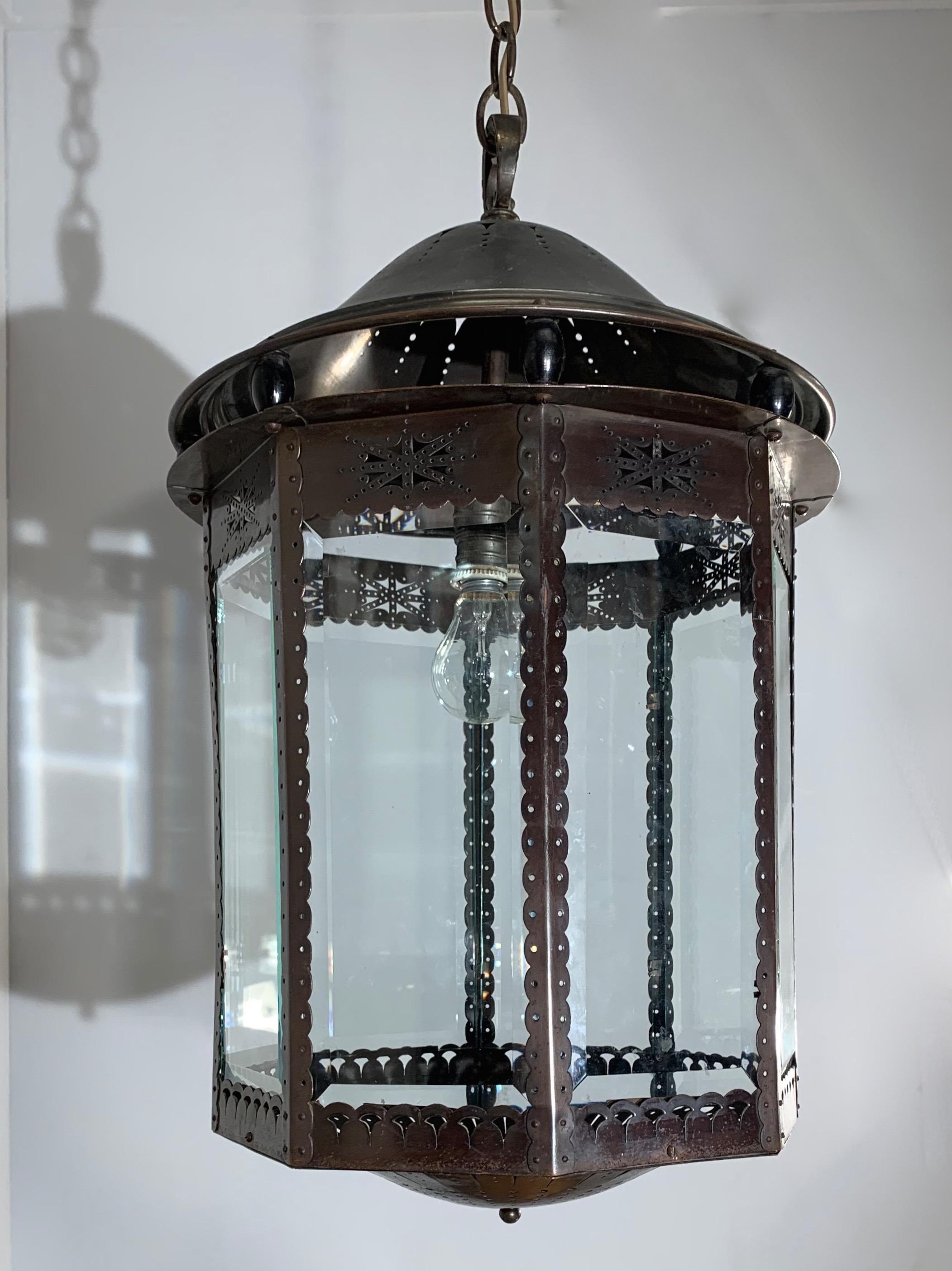 European Early 1900 Large Dutch Arts & Crafts Brass & Beveled Glass Pendant Light Lantern