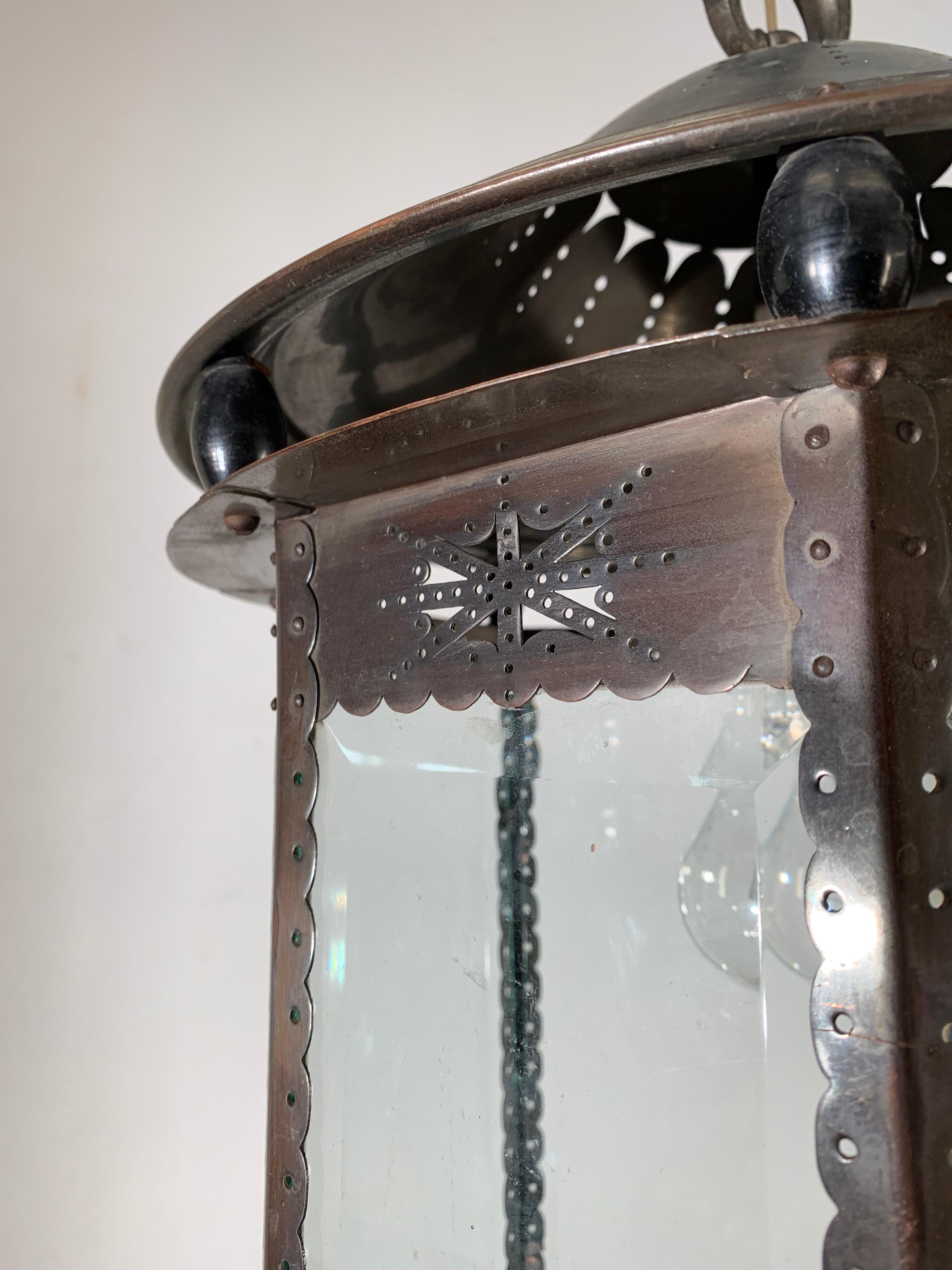 Early 1900 Large Dutch Arts & Crafts Brass & Beveled Glass Pendant Light Lantern 1