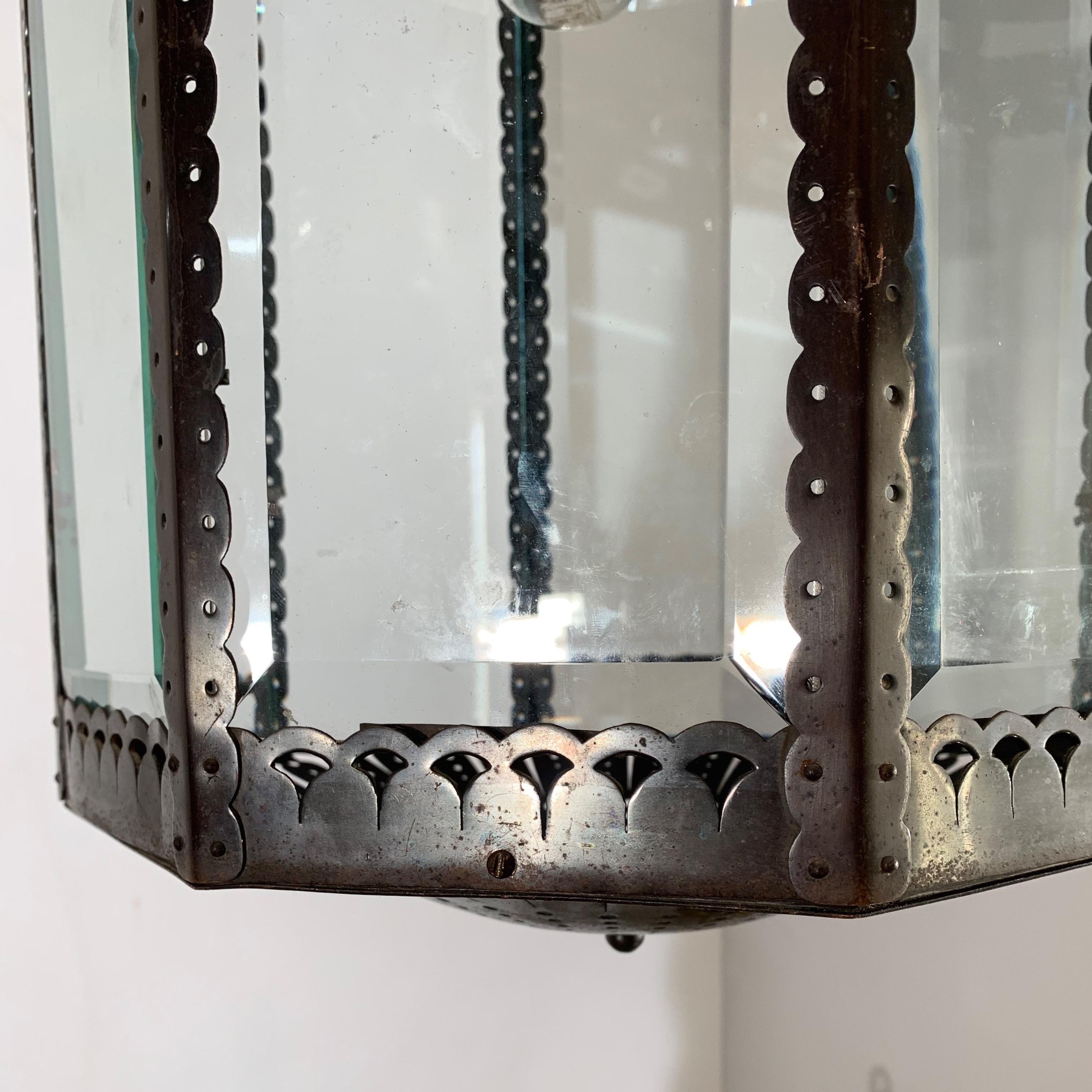 Early 1900 Large Dutch Arts & Crafts Brass & Beveled Glass Pendant Light Lantern 6