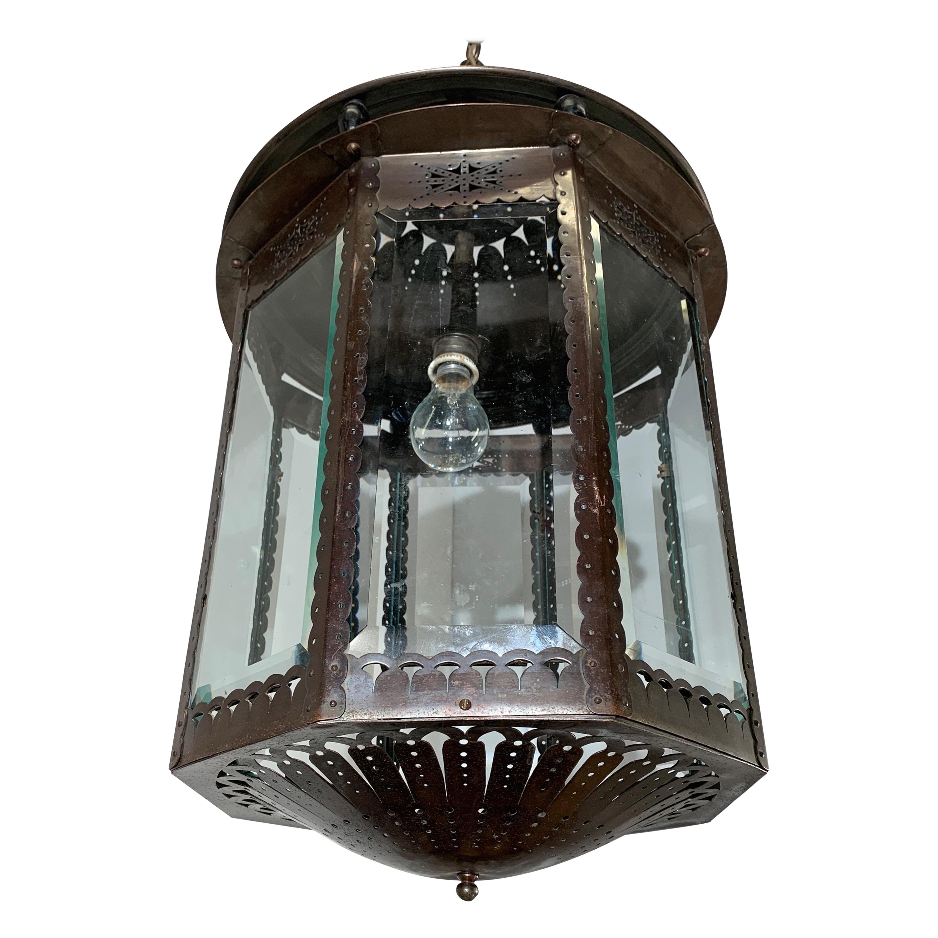 Early 1900 Large Dutch Arts & Crafts Brass & Beveled Glass Pendant Light Lantern