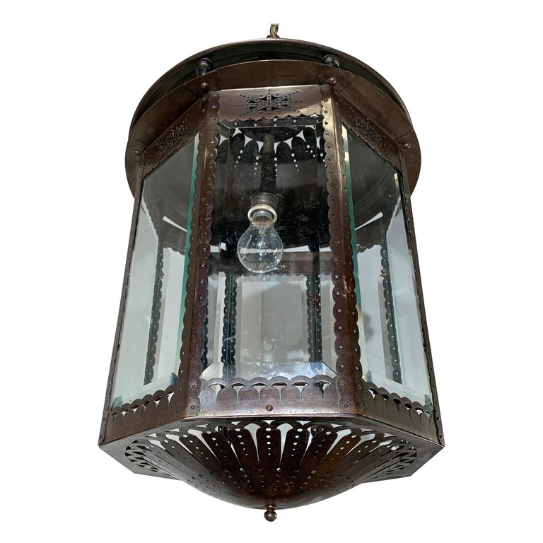 Early 1900 Large Dutch Arts and Crafts Brass and Bevelled Glass Pendant Light  Lantern at 1stDibs