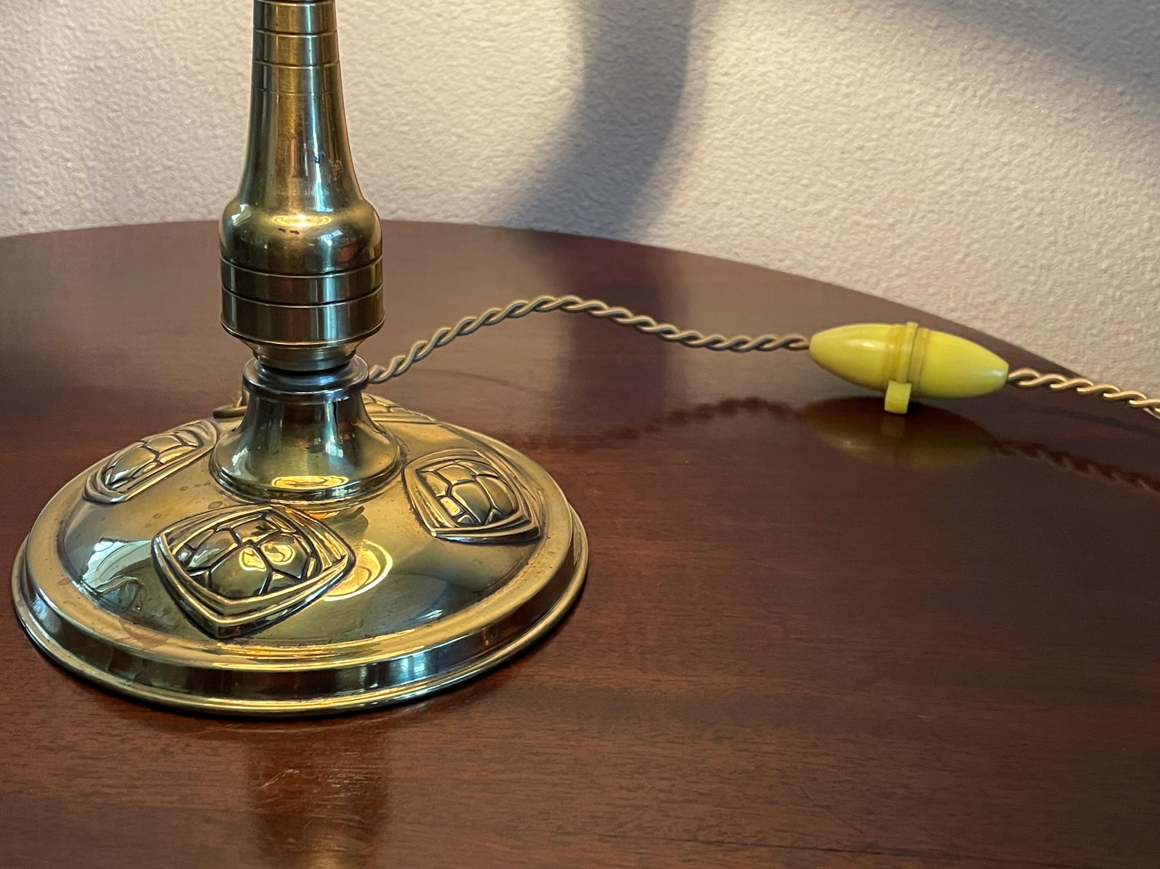 European Unique Early 1900s Arts and Crafts, Fine Brass & Mint Glass Table or Desk Lamp For Sale