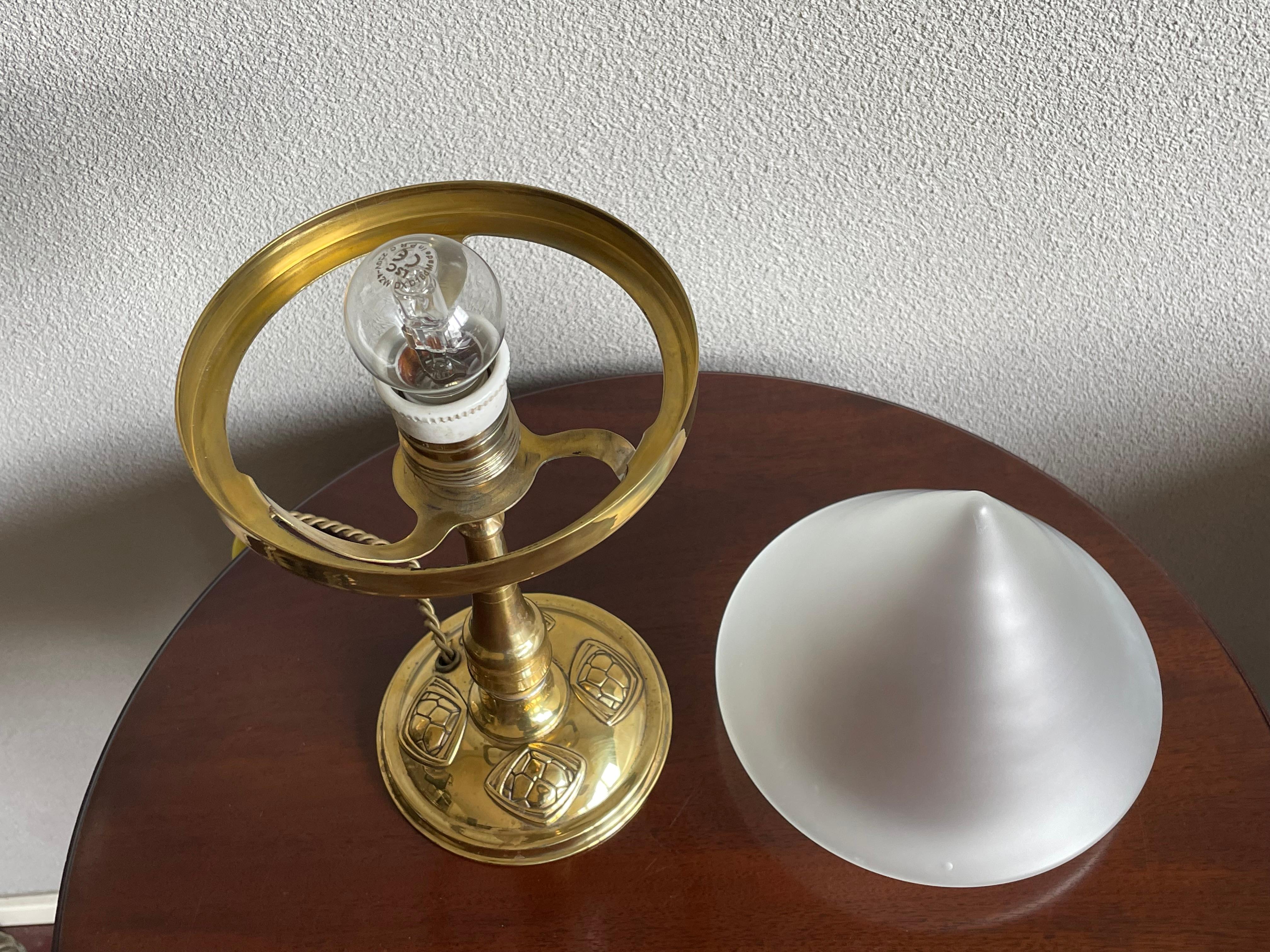 Unique Early 1900s Arts and Crafts, Fine Brass & Mint Glass Table or Desk Lamp For Sale 1