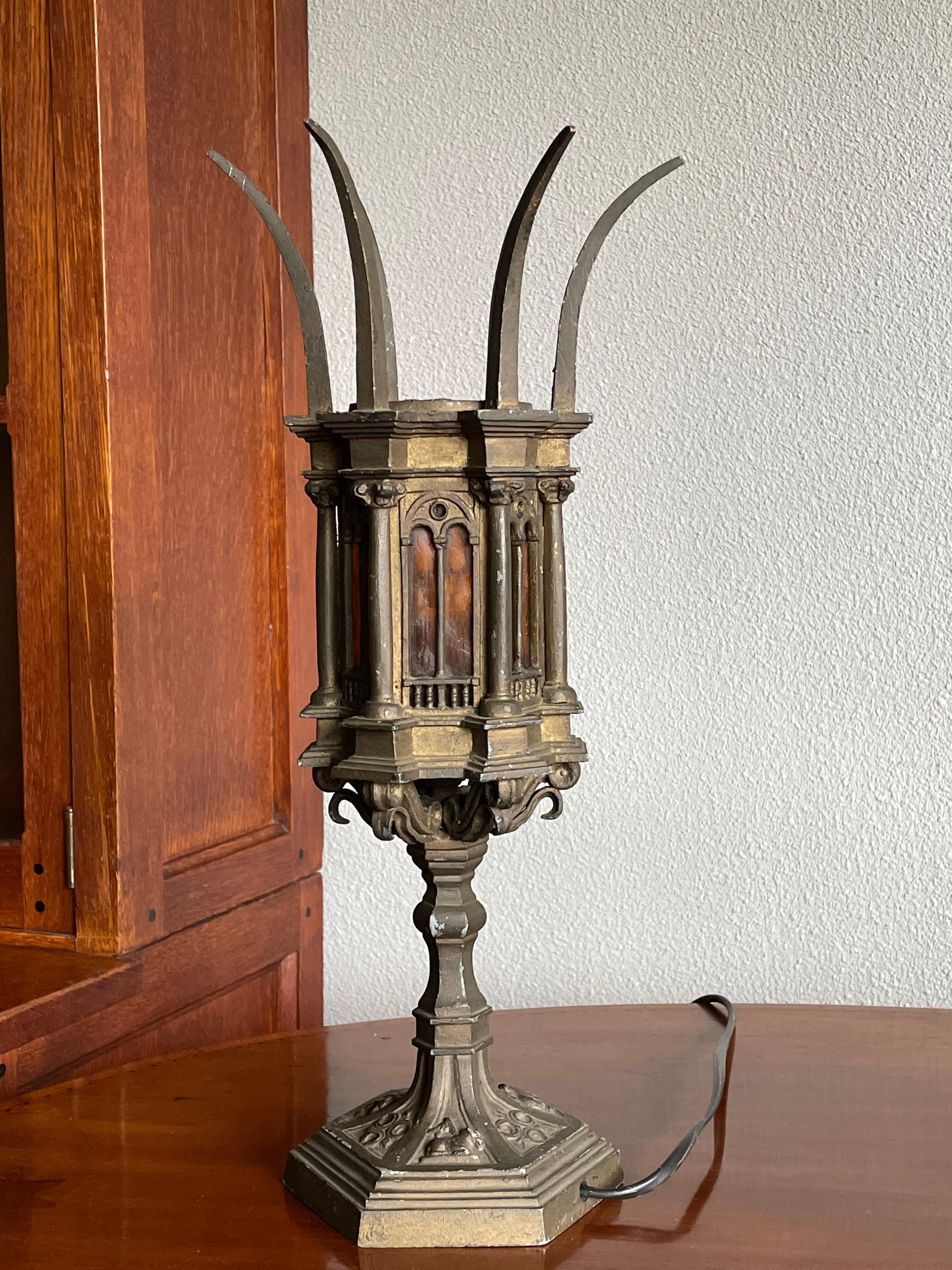 Unique Early 1900s Gothic Revival Table Lamp with Cathedral Glass Church Windows 1