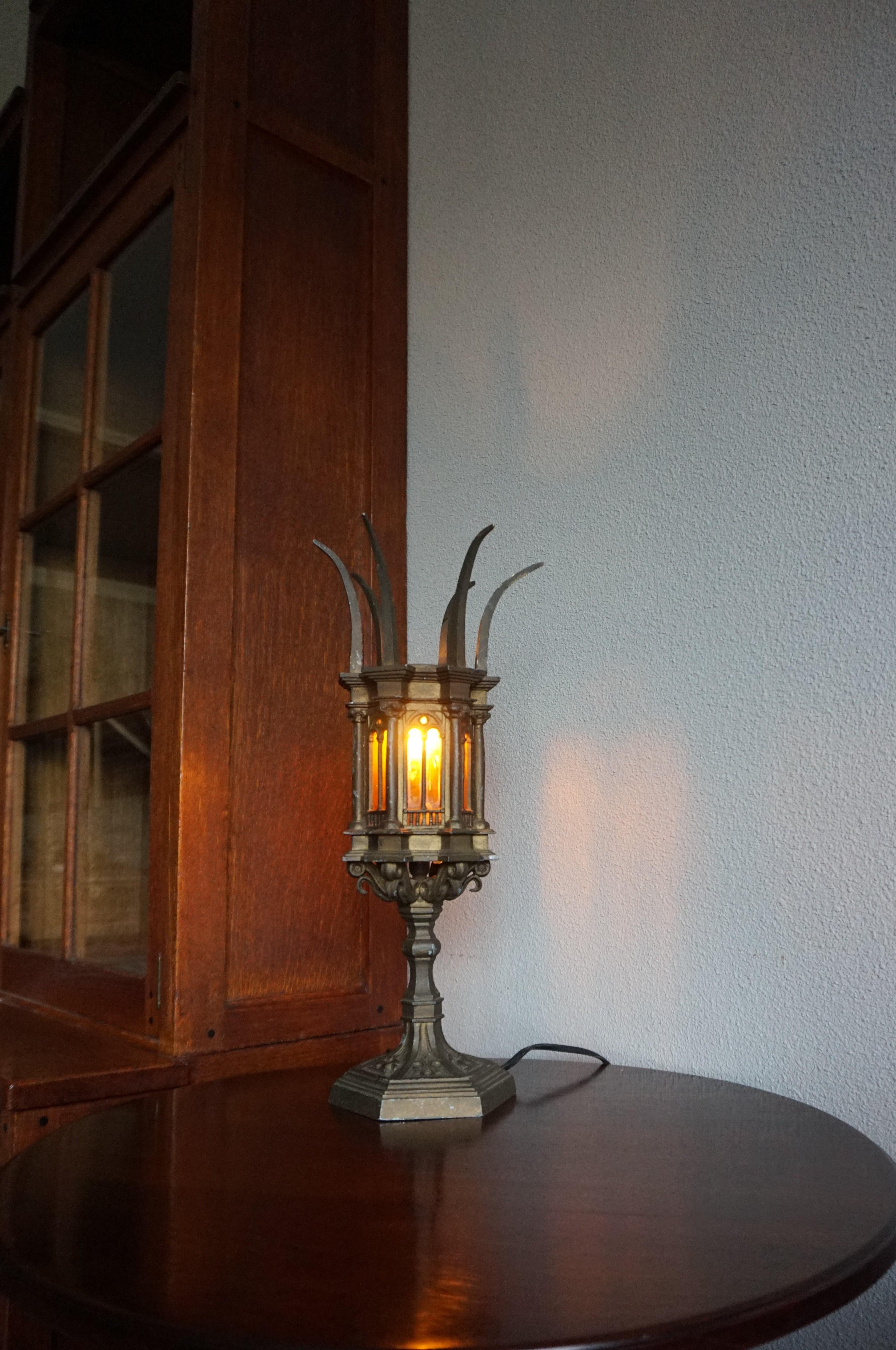 Unique Early 1900s Gothic Revival Table Lamp with Cathedral Glass Church Windows 2
