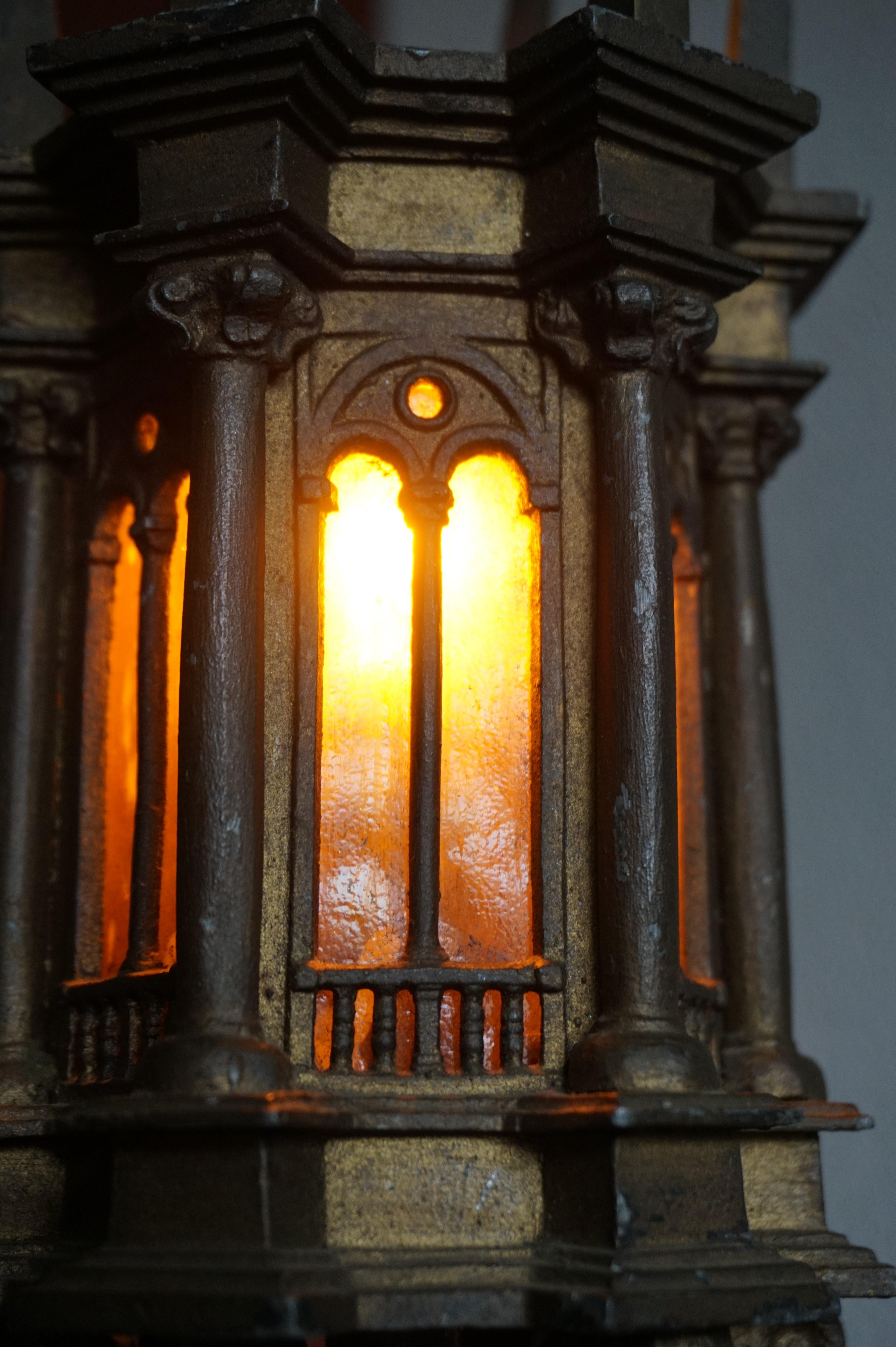 Unique Early 1900s Gothic Revival Table Lamp with Cathedral Glass Church Windows 4