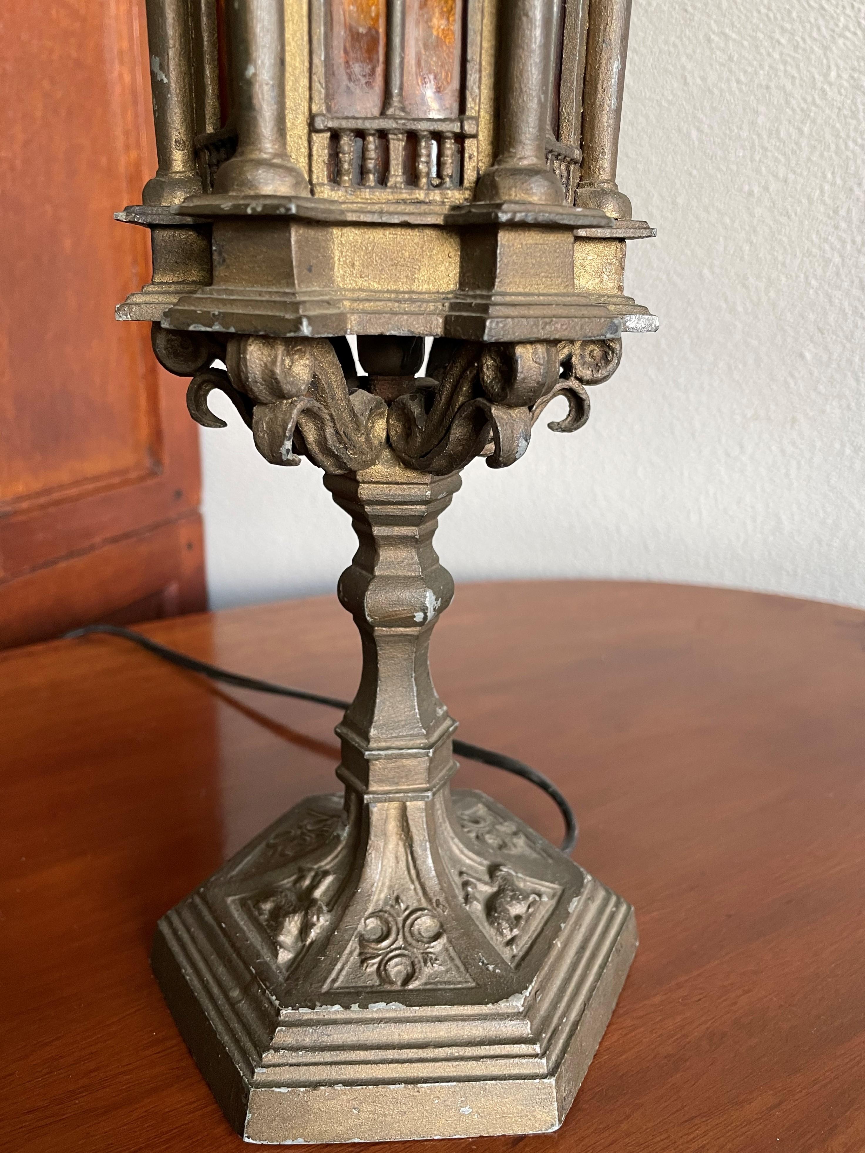 Unique Early 1900s Gothic Revival Table Lamp with Cathedral Glass Church Windows 5