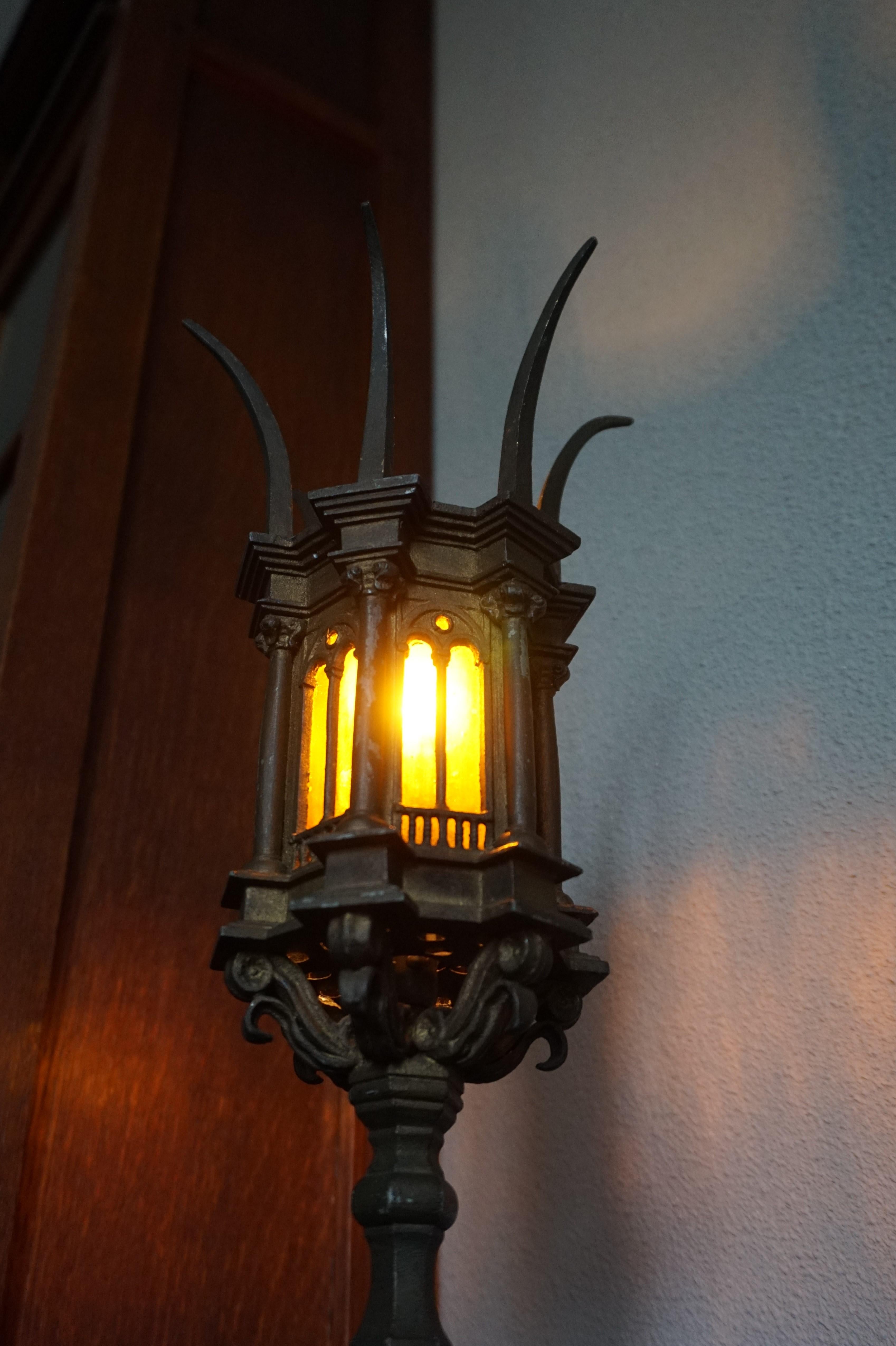 Unique Early 1900s Gothic Revival Table Lamp with Cathedral Glass Church Windows 6