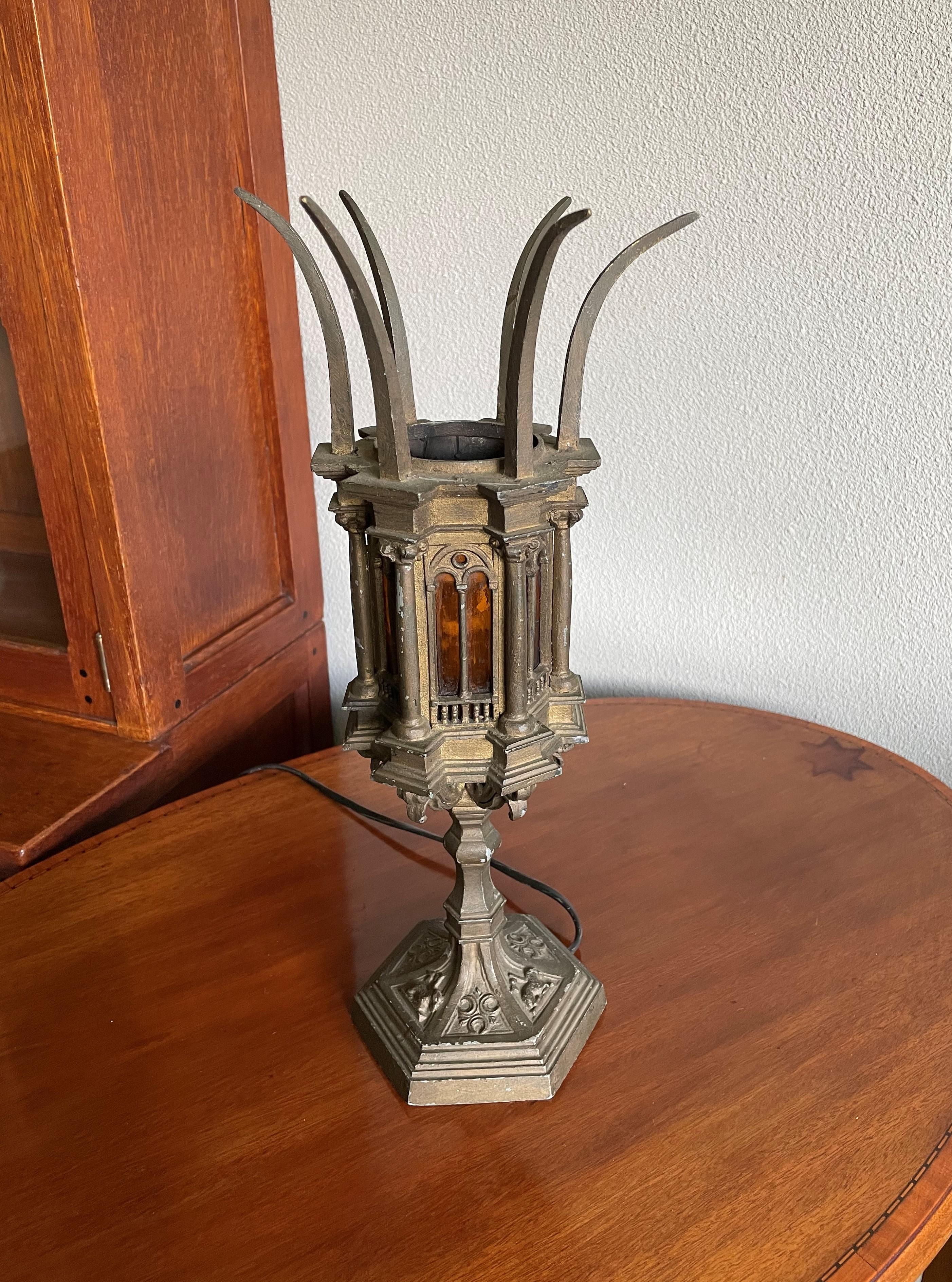 Unique Early 1900s Gothic Revival Table Lamp with Cathedral Glass Church Windows 7