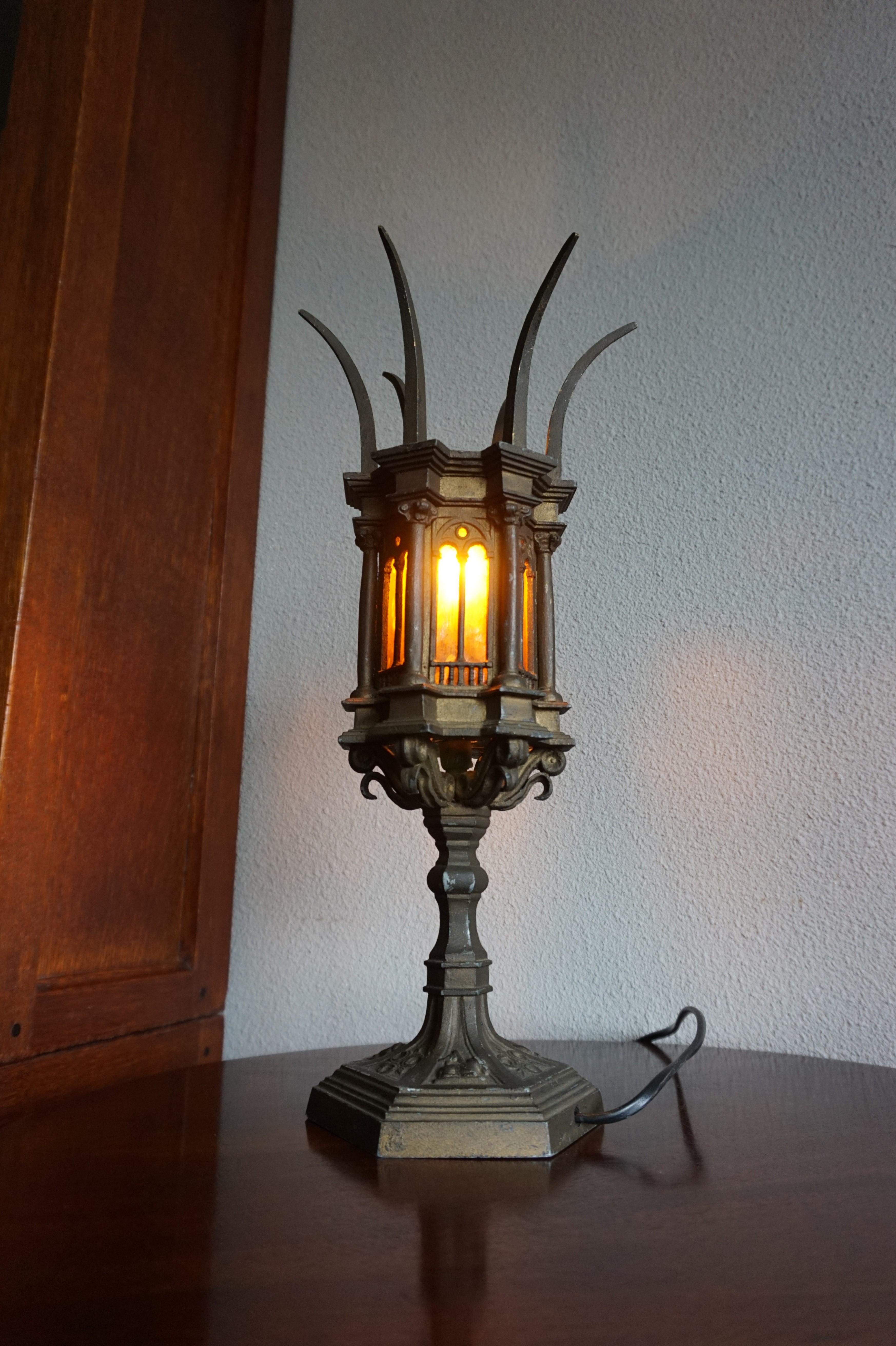 Unique Early 1900s Gothic Revival Table Lamp with Cathedral Glass Church Windows 8