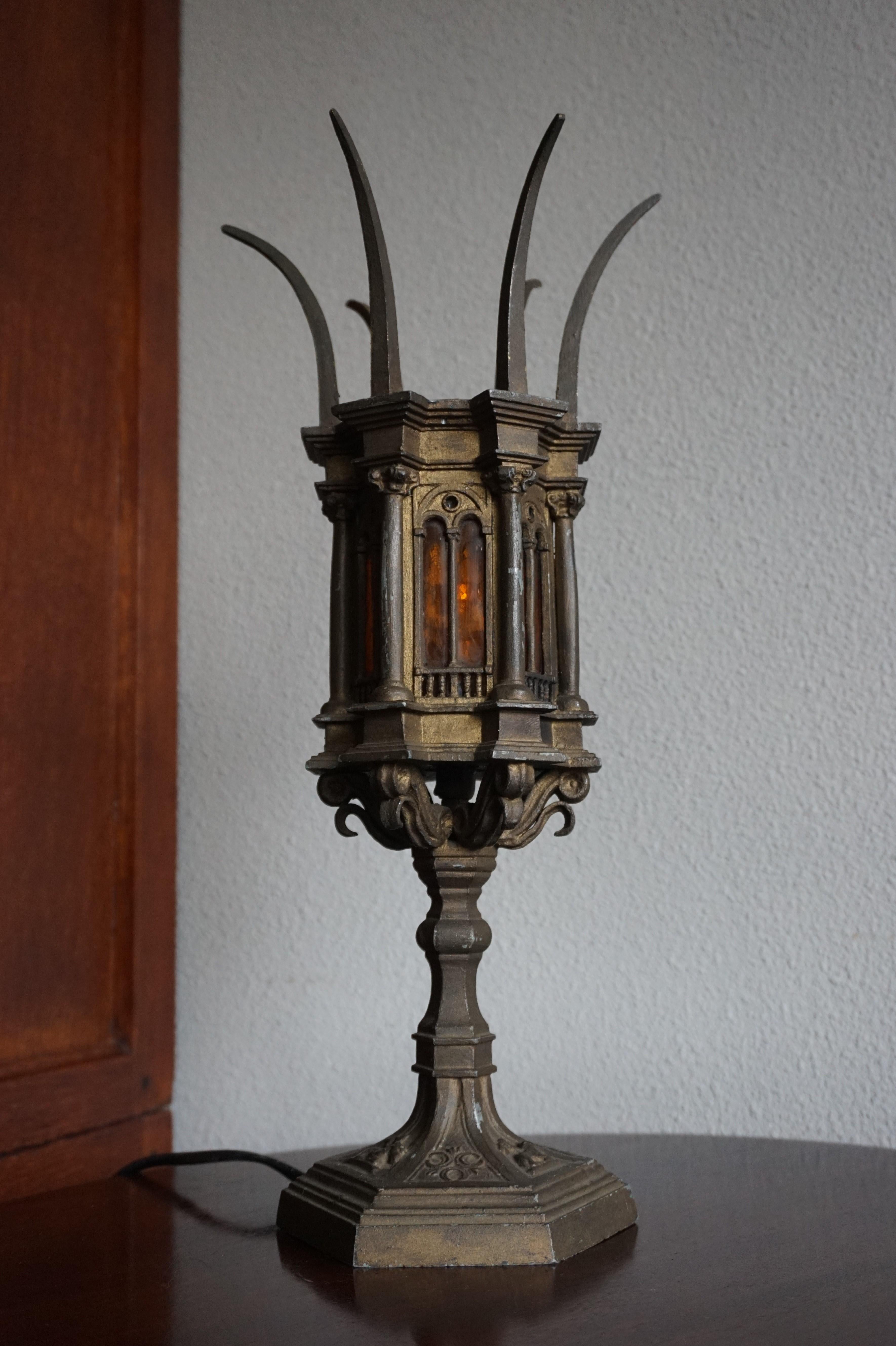 Unique Early 1900s Gothic Revival Table Lamp with Cathedral Glass Church Windows 9
