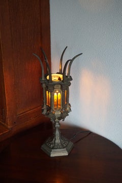 Unique Early 1900s Gothic Revival Table Lamp with Cathedral Glass Church Windows
