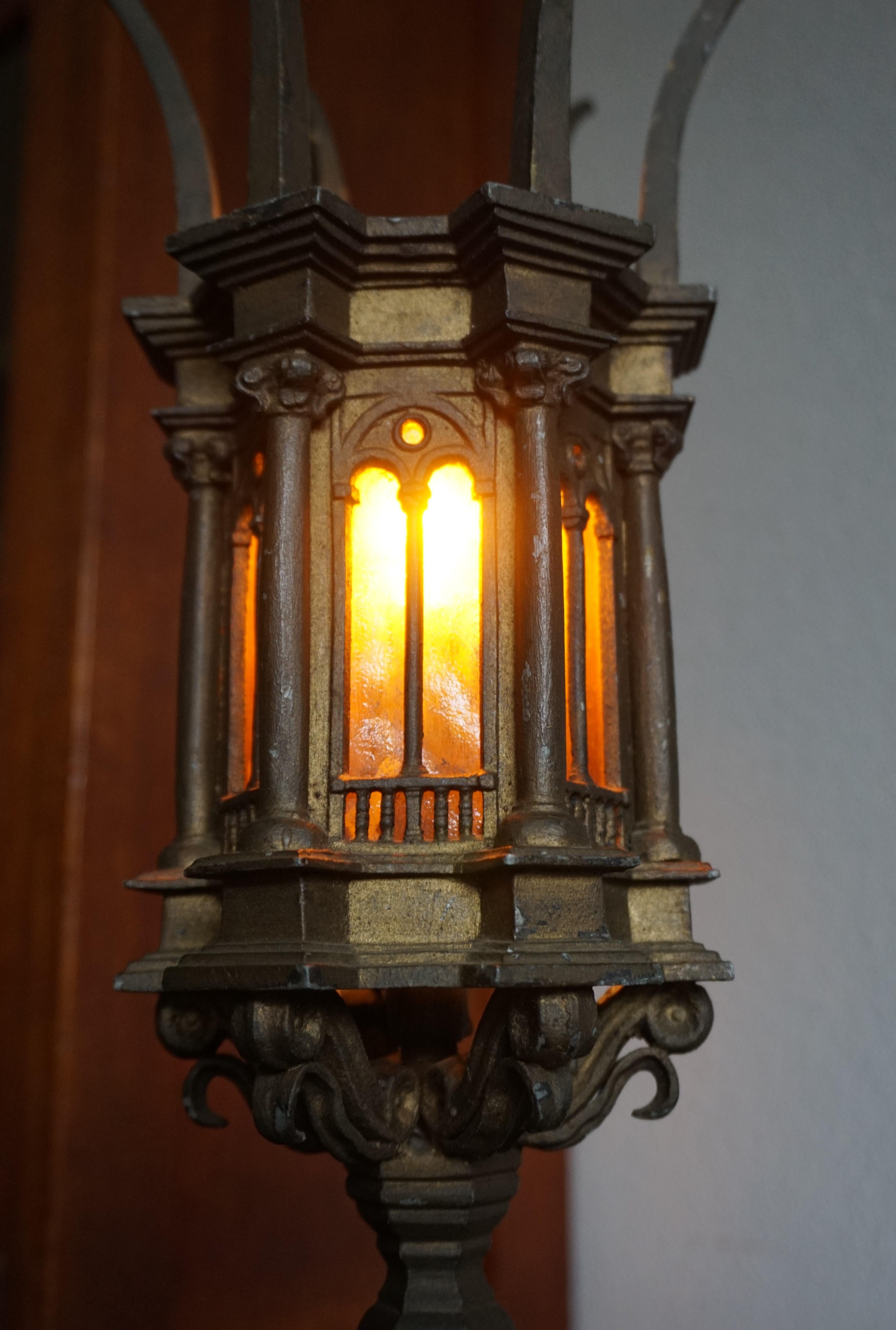 European Unique Early 1900s Gothic Revival Table Lamp with Cathedral Glass Church Windows