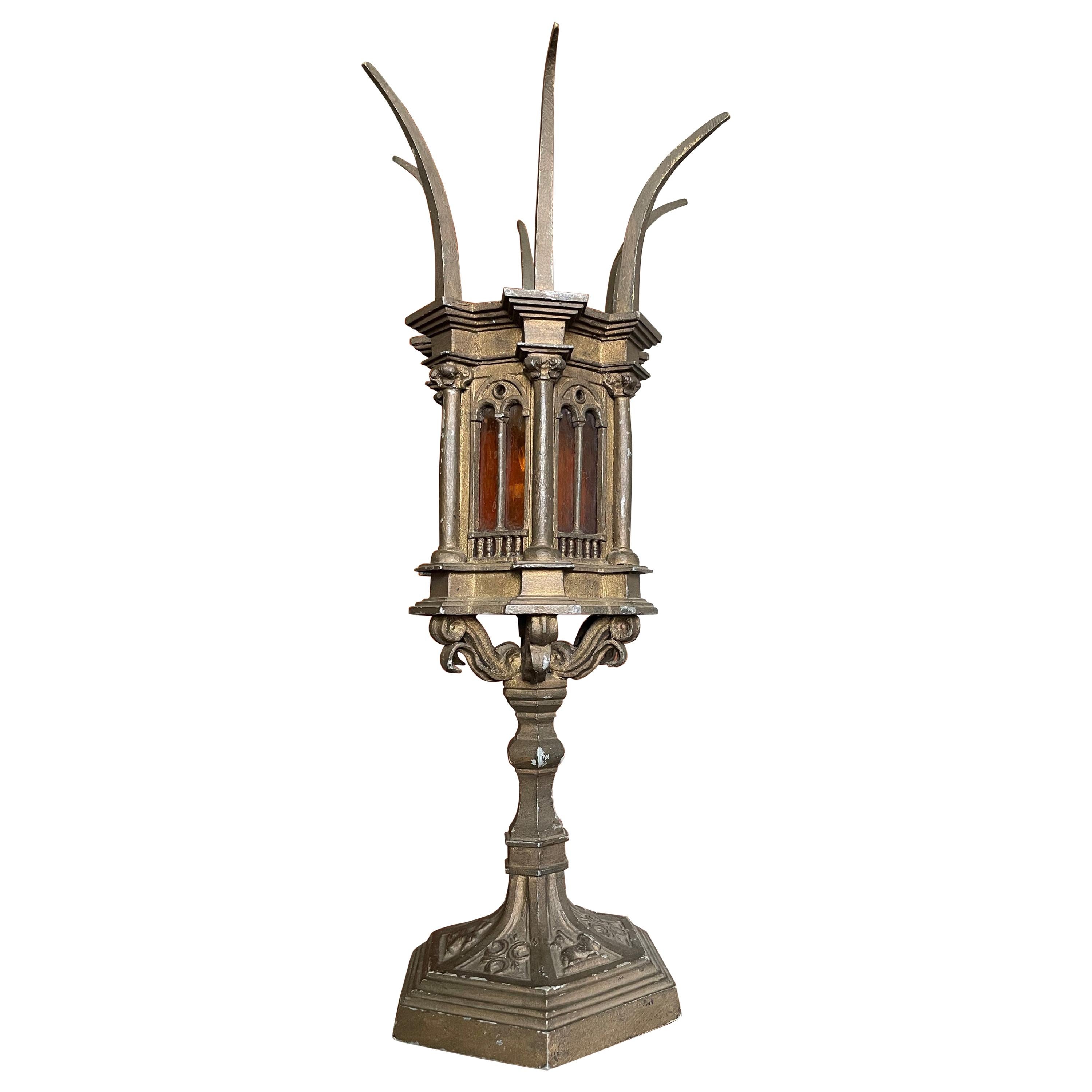 Unique Early 1900s Gothic Revival Table Lamp with Cathedral Glass Church Windows