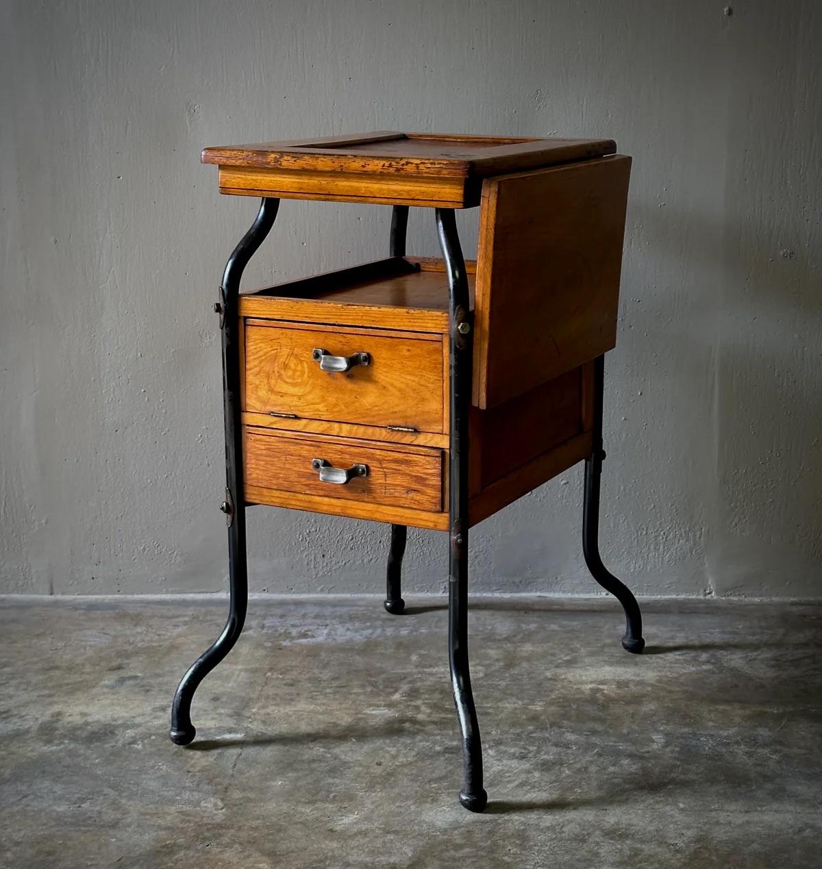 Cette table d'appoint unique allie le charme rustique du bois à l'esthétique industrielle de l'acier. La table est réglable et comporte deux tiroirs à sections multiples avec des poignées classiques en forme de coupelles, ajoutant à la fois