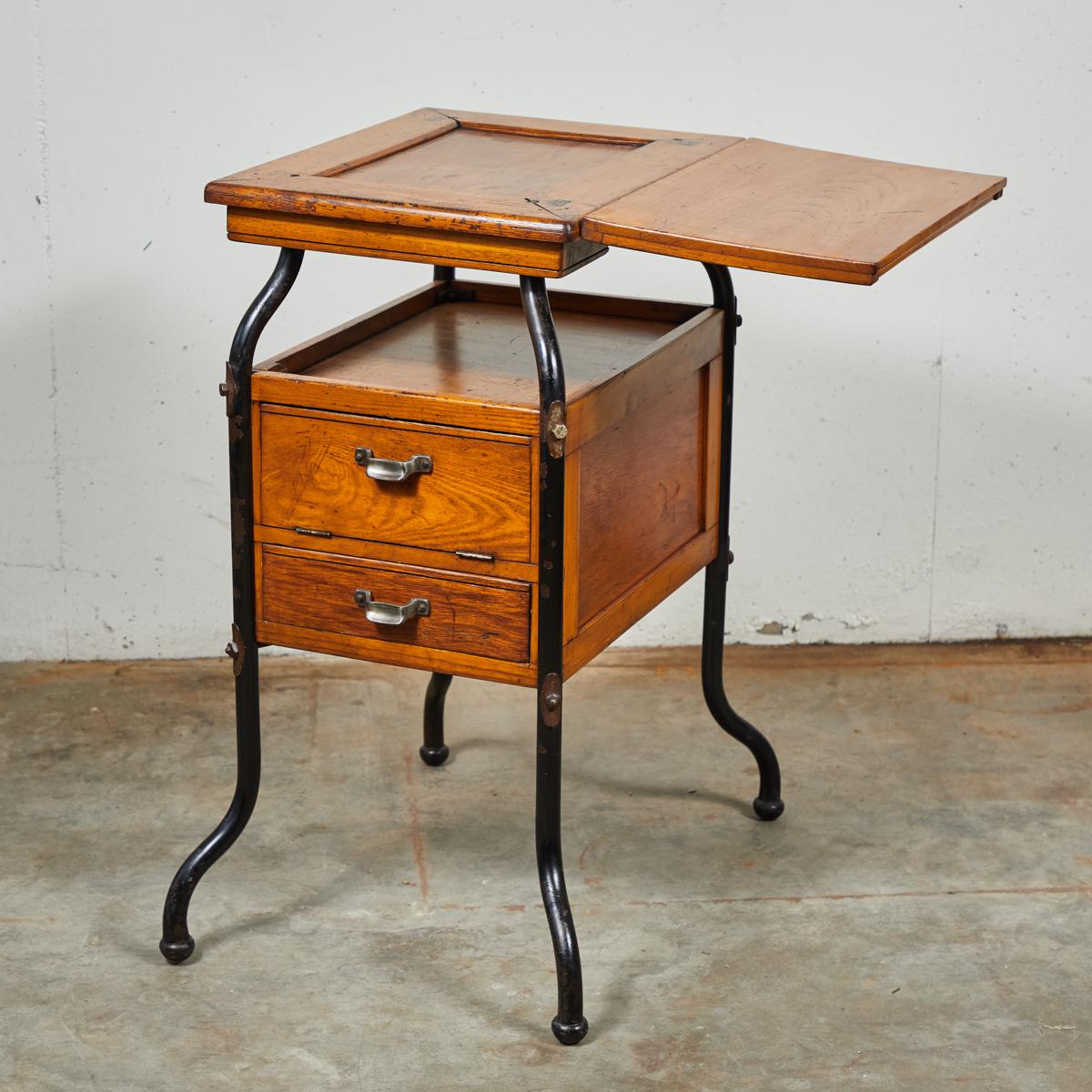 Industrial Unique Early 20h Century Adjustable Wood and Steel Side Table with Two Drawers For Sale