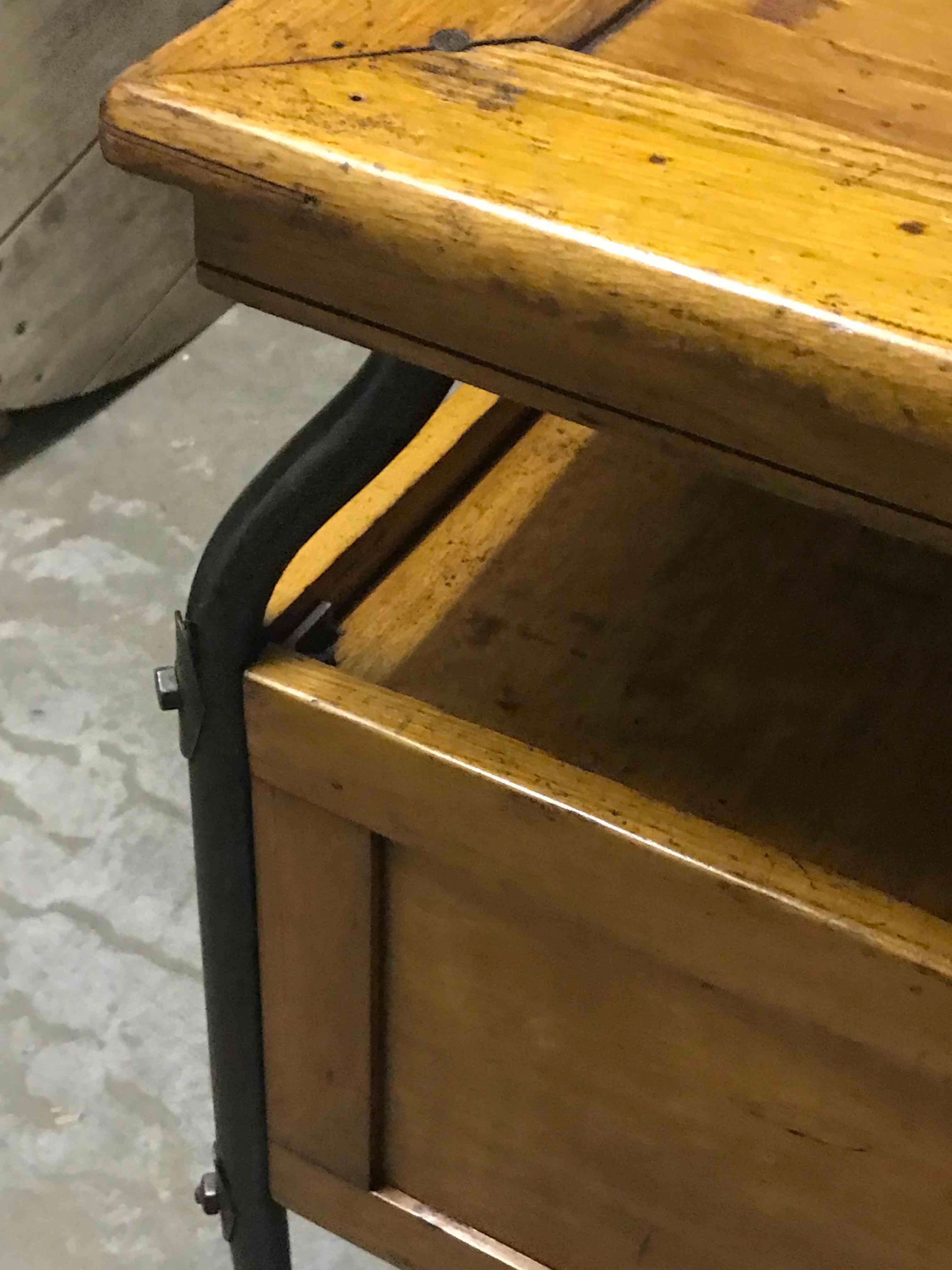 Industrial Unique Early 20h Century Adjustable Wood and Steel Side Table with Two Drawers 