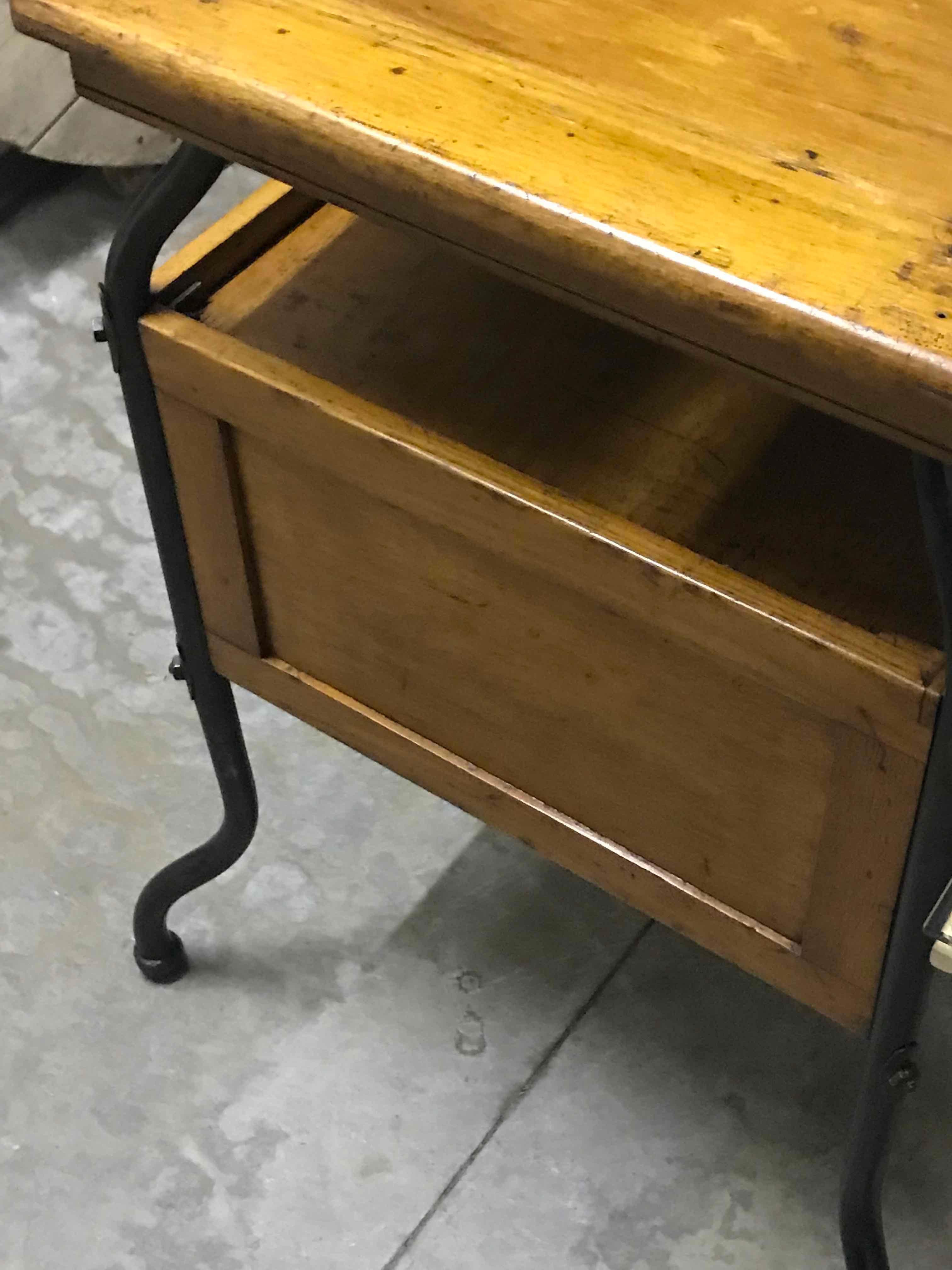 Unique Early 20h Century Adjustable Wood and Steel Side Table with Two Drawers  In Good Condition In Los Angeles, CA