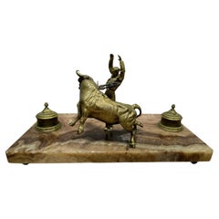 Unique Early 20th-Century Onyx and Gilt Bronze Bullfighting Inkwell