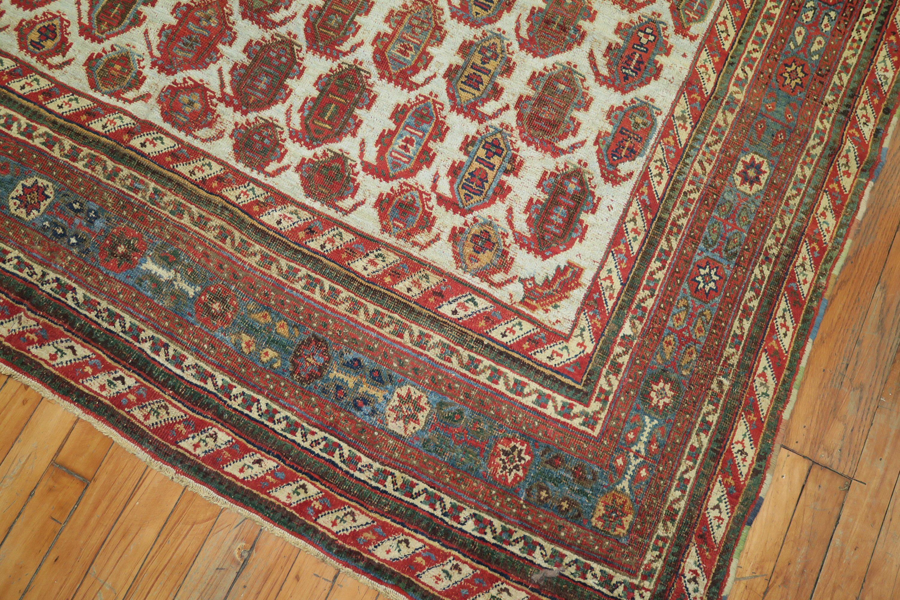 Wool Unique Eclectic Persian Gallery Size Corridor Hallway Blue Field Paisley Rug For Sale