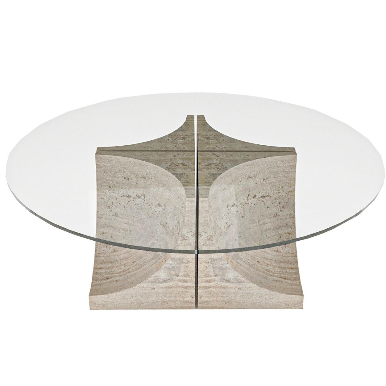 Unique edge center table 4 Legs by Collector
Dimensions: D 80 x H 35 cm
Materials: Glass, Travertino
Other materials available.

The Collector brand aims to be part of the daily life by fusing furniture to our home routine and lifestyle, that’s