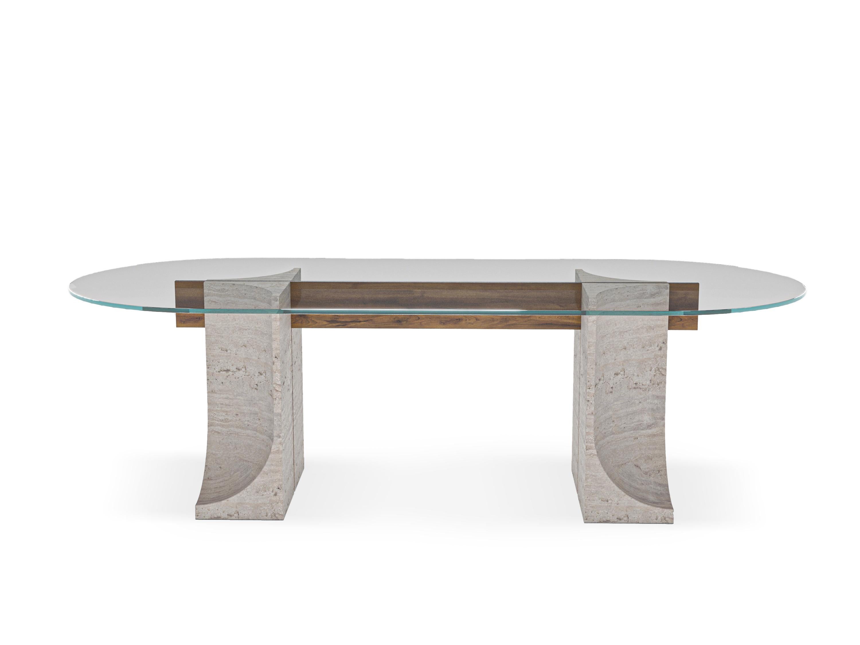 Unique Edge dining table by Collector
Dimensions: W 250 x D 110 x H 78 cm
Materials: Glass, Travertino, Wood
Other materials available.

The Collector brand aims to be part of the daily life by fusing furniture to our home routine and