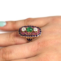 Unique Edwardian 18 Karat Gold Diamond and Cabochon Emerald and Ruby Ring