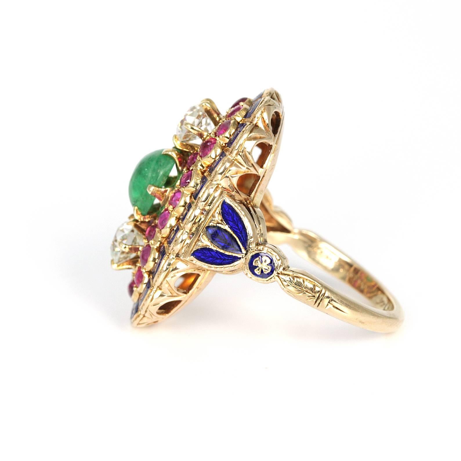 Old Mine Cut Unique Edwardian 18 Karat Gold Diamond and Cabochon Emerald and Ruby Ring For Sale