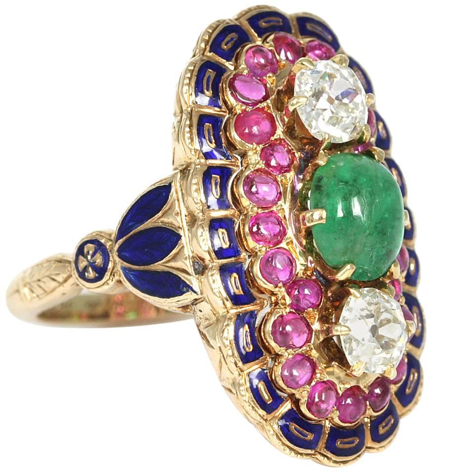 Unique Edwardian 18 Karat Gold Diamond and Cabochon Emerald and Ruby Ring For Sale