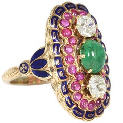 Unique Edwardian 18 Karat Gold Diamond and Cabochon Emerald and Ruby Ring