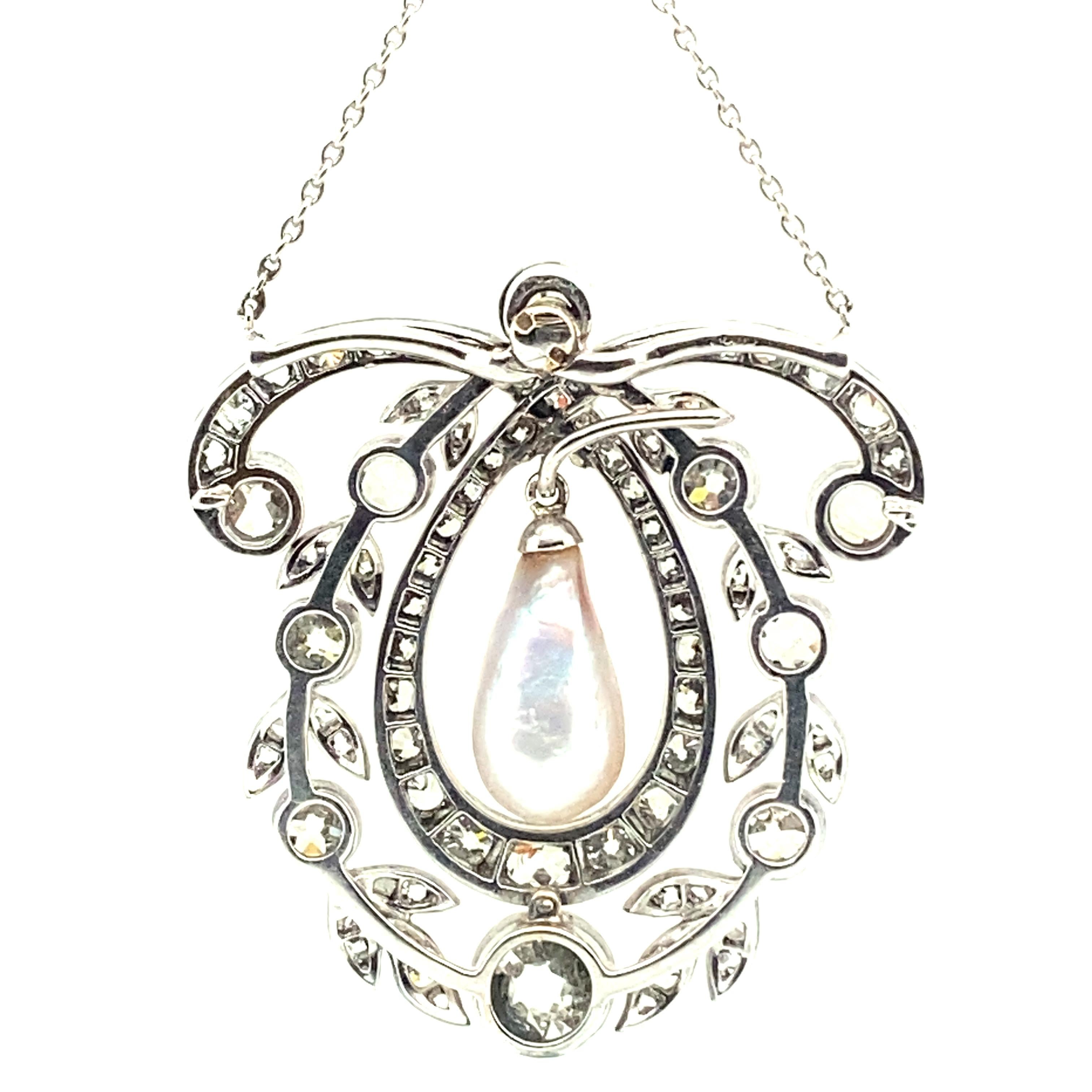 Unique Edwardian Natural Pearl and Diamond Necklace in Platinum 950 11